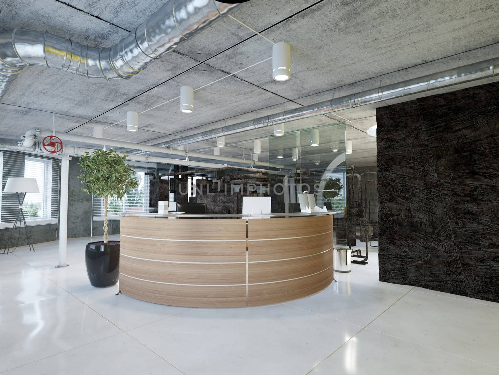 modern office interior with rock feature. 3d rendering