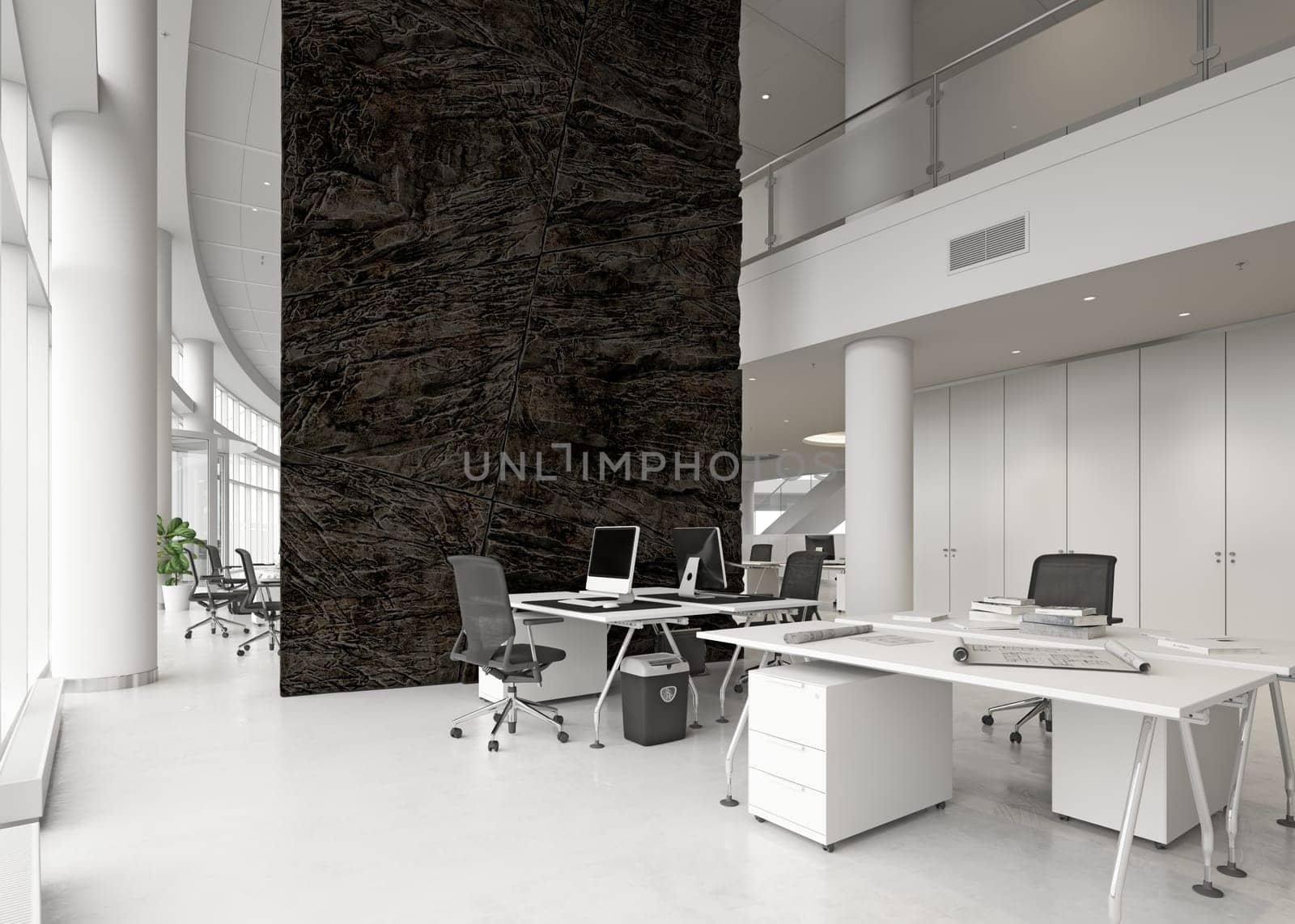 modern office interior with rock feature. 3d rendering