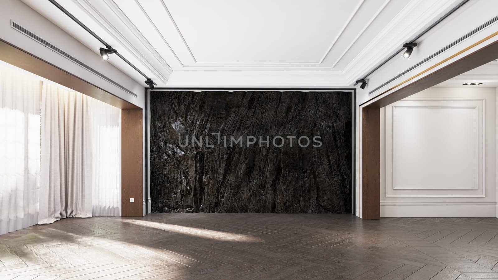 modern dark living interior with rock feature. by vicnt