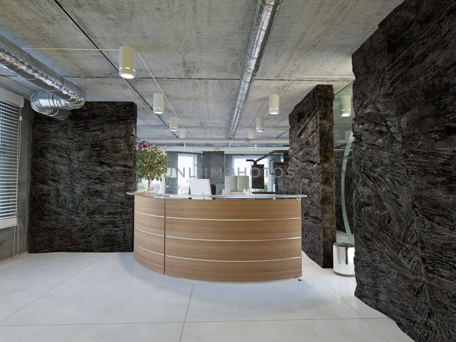 modern office interior with rock feature. 3d rendering