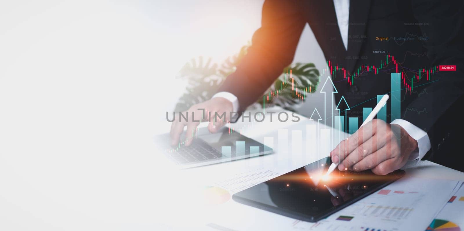 Stock market, Business growth, progress or success concept. Businessman or trader is showing a growing virtual hologram stock, invest in trading. by Unimages2527