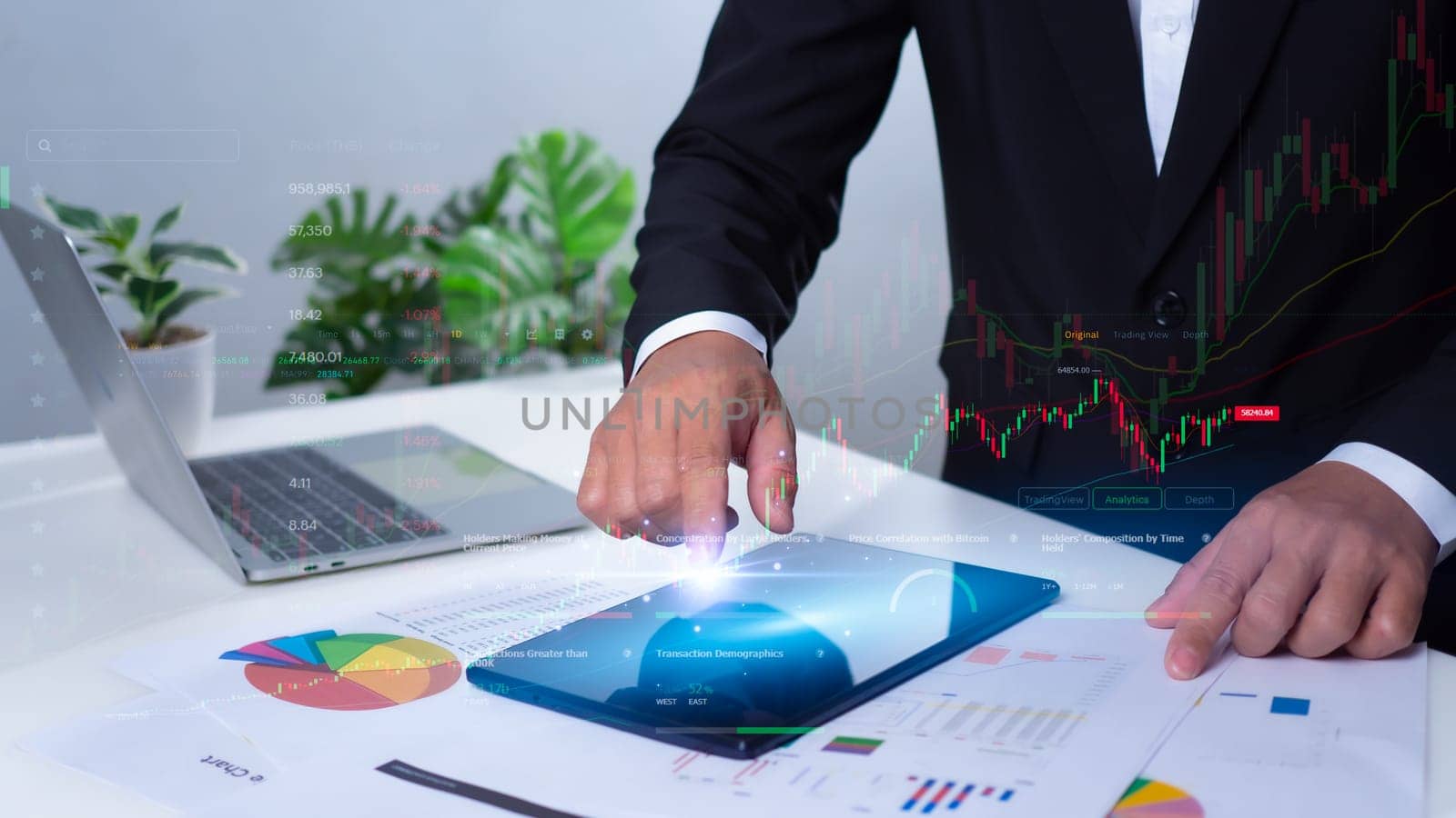 Stock market, Business growth, progress or success concept. Businessman or trader is showing a growing virtual hologram stock, invest in trading. by Unimages2527