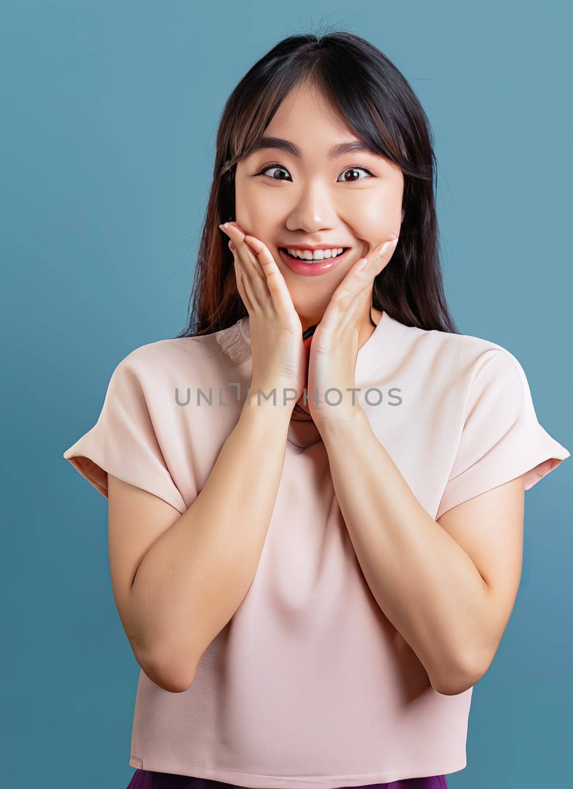Portrait of young beautiful Asian lady smiling with cheerful expression, shows something amazing at blank space banner background poster wallpaper. AI Generative.