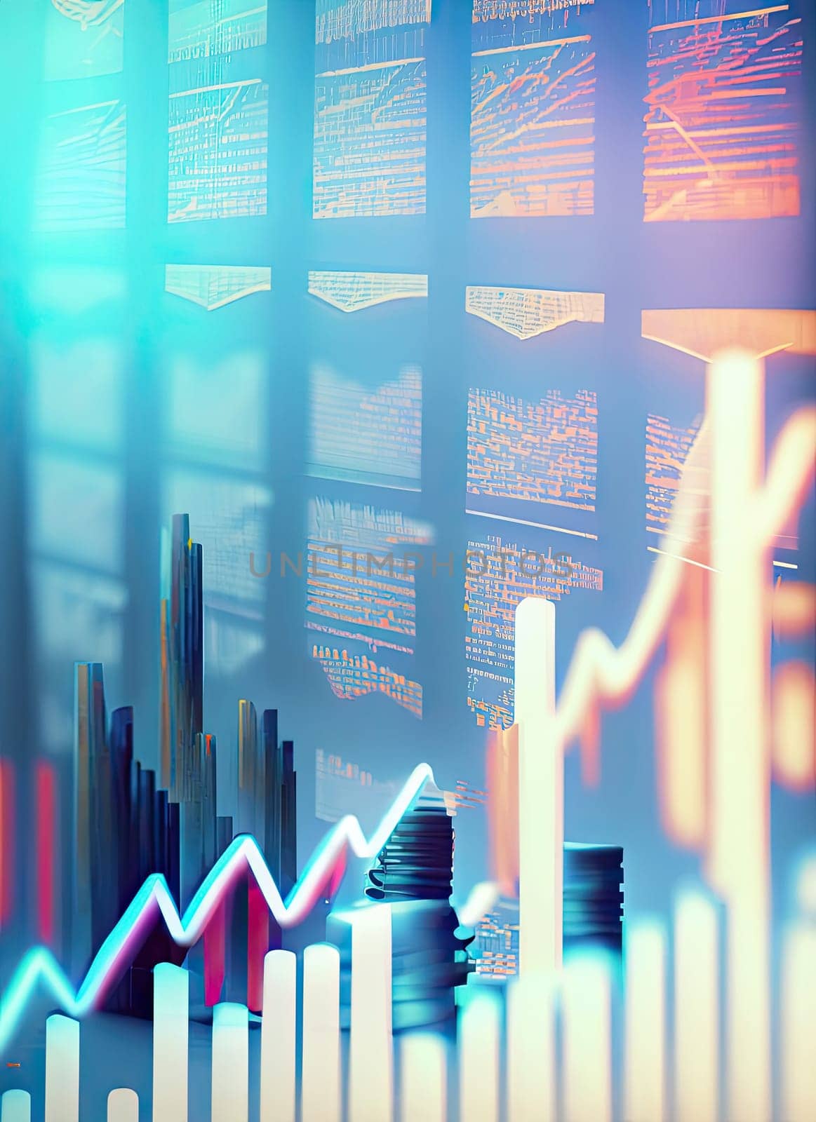 graph growth finance investment on blue background. achievement goal to with arrow up graph. investment finance increase. illustration fantastic technology. AI Generative