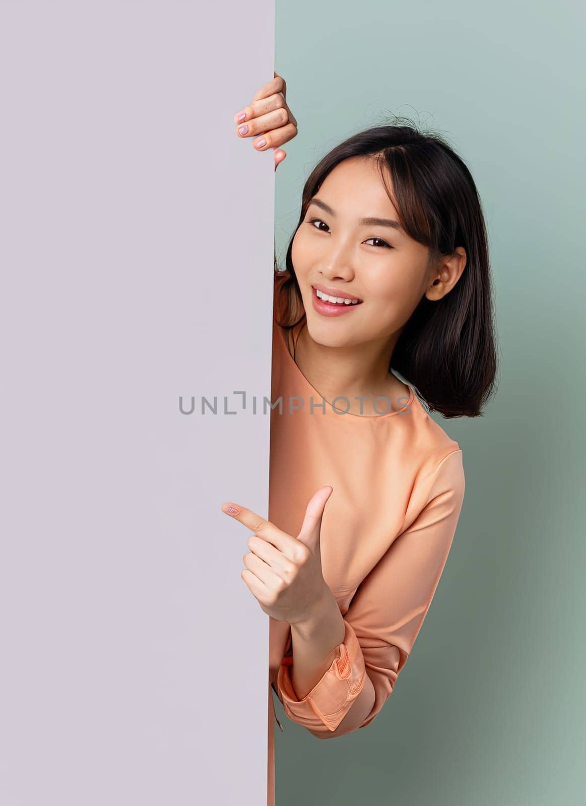 Portrait of young beautiful Asian lady smiling with cheerful expression, shows something amazing at blank space banner background poster wallpaper. AI Generative. by Benzoix