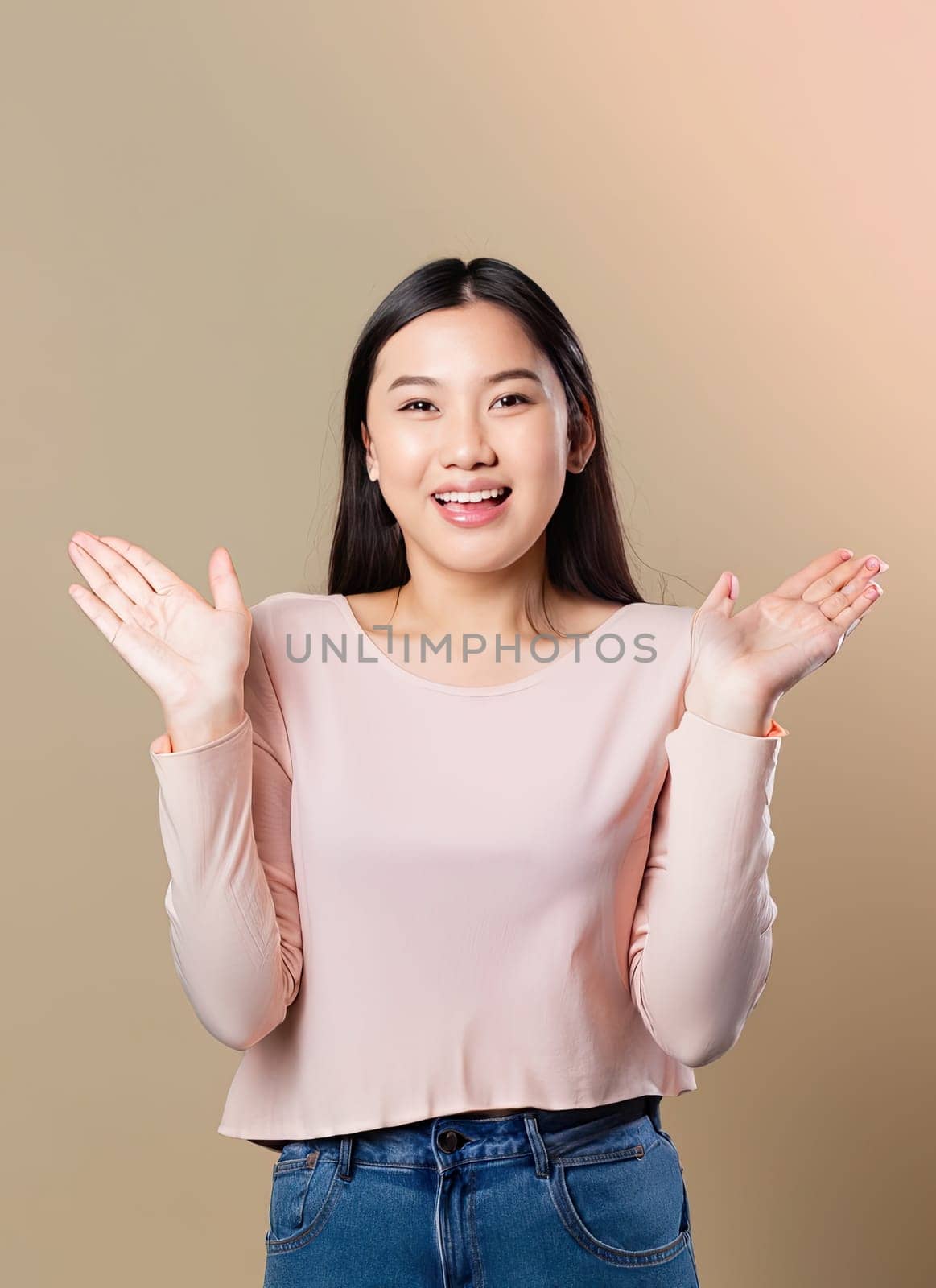 Portrait of young beautiful Asian lady smiling with cheerful expression, shows something amazing at blank space banner background poster wallpaper. AI Generative.