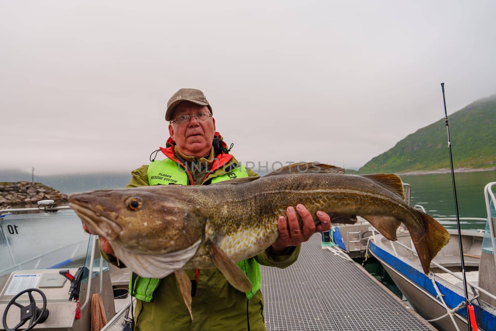 Male fisherman holding a huge fish Cod. Norway Fishing tourism. Senior fisherman in ocean, fjord fishing. Fishing in Lofoten, Senja, Alta, Tromso.