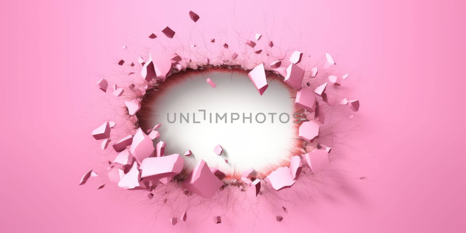 Breaking out of a hole in solid Pink wall, torn hole, empty copy space frame, mockup. Generative AI image weber.