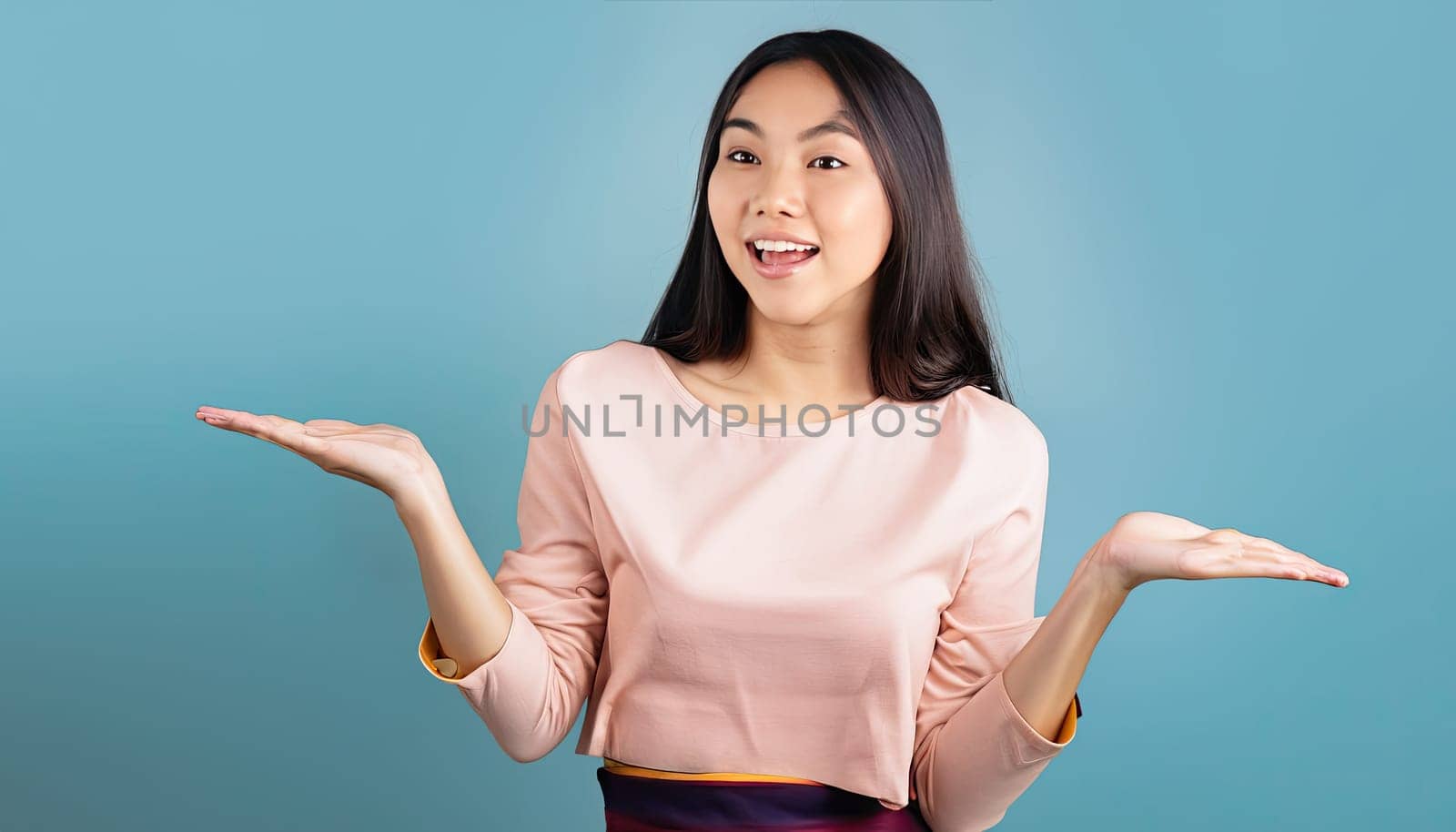 Portrait of young beautiful Asian lady smiling with cheerful expression, shows something amazing at blank space banner background poster wallpaper. AI Generative. by Benzoix