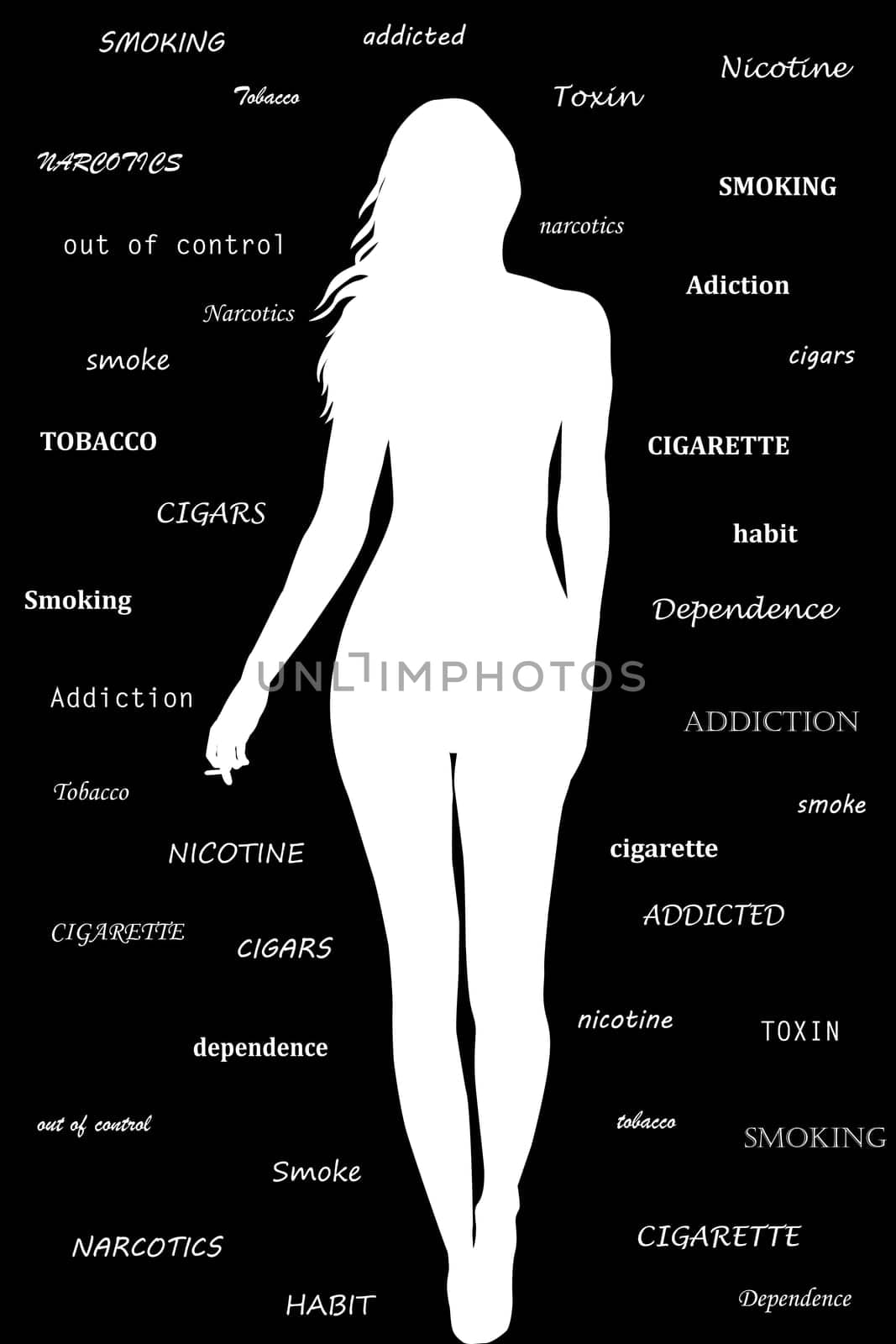 Silhouette of a woman's body with a cigarette in her hand and words related to addiction in the background by hibrida13