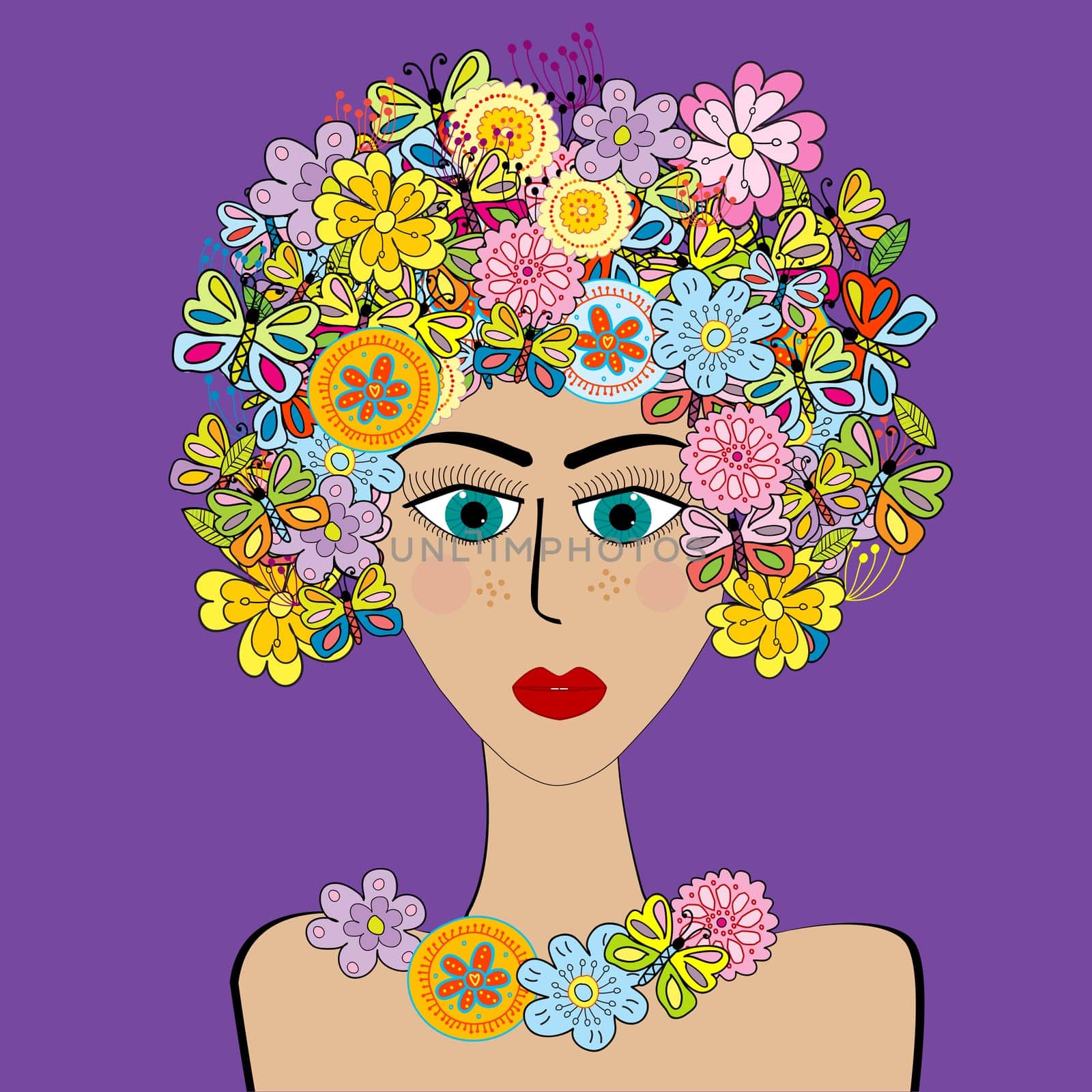 Hand drawing of a stylized woman with flowers and butterflies on her head