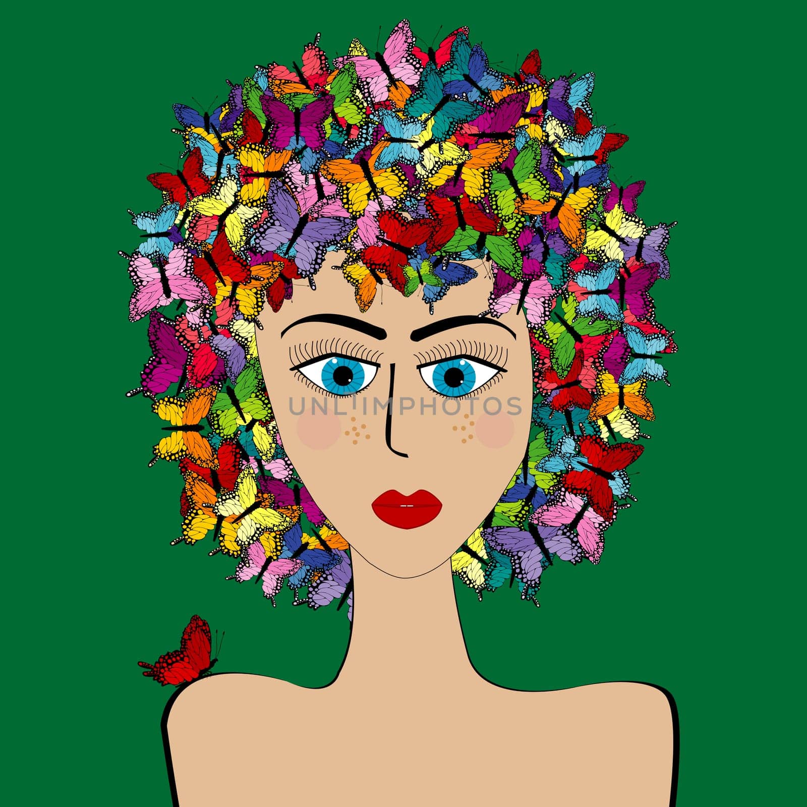 Hand drawing of a stylized woman with colored butterflies on her head