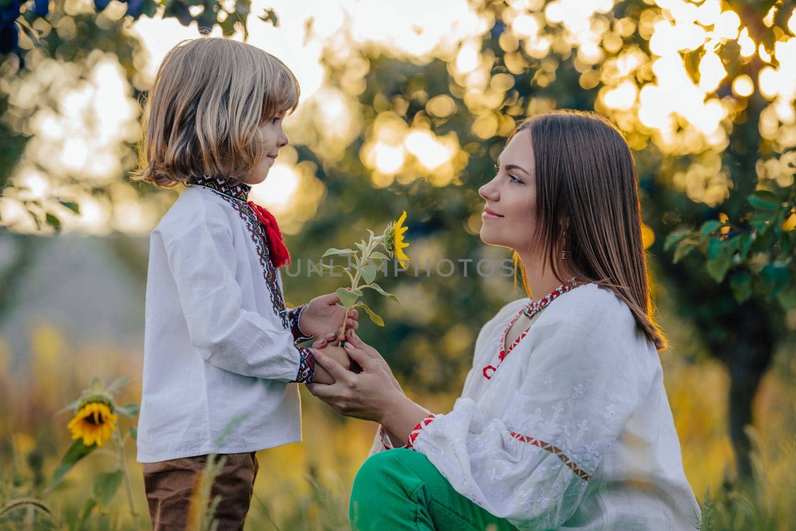 Portrait of beautiful family - 4 years old boy gives sunflower to mother, nature by kristina_kokhanova