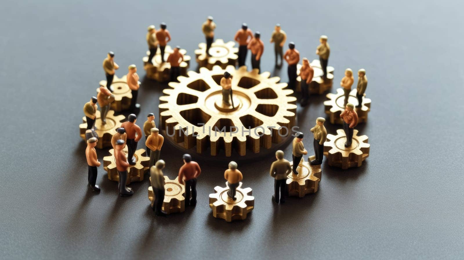 Miniature business people connecting many gears, top view, concept of teamwork. Generative AI image weber.