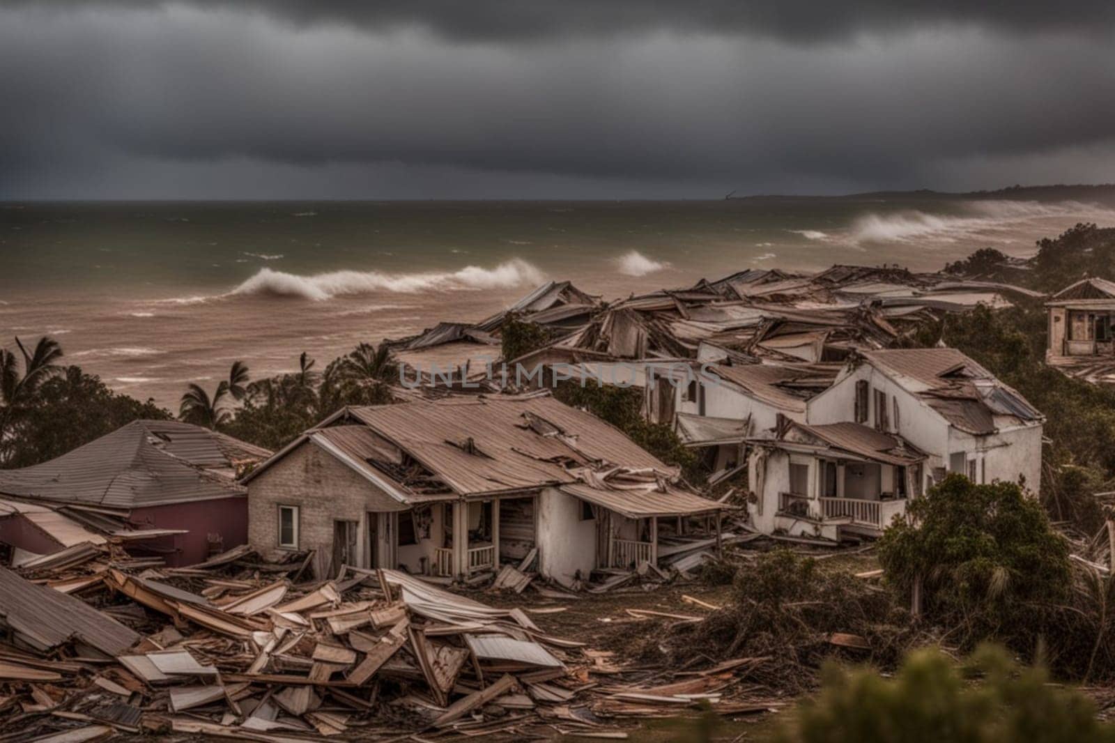 neighborhood and houses destroyed by tornado at sunset near the sea illustration by verbano