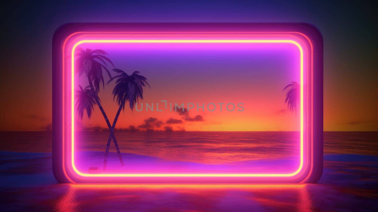 Glowing neon rectangle frame over abstract landscape. Generative AI weber. by biancoblue