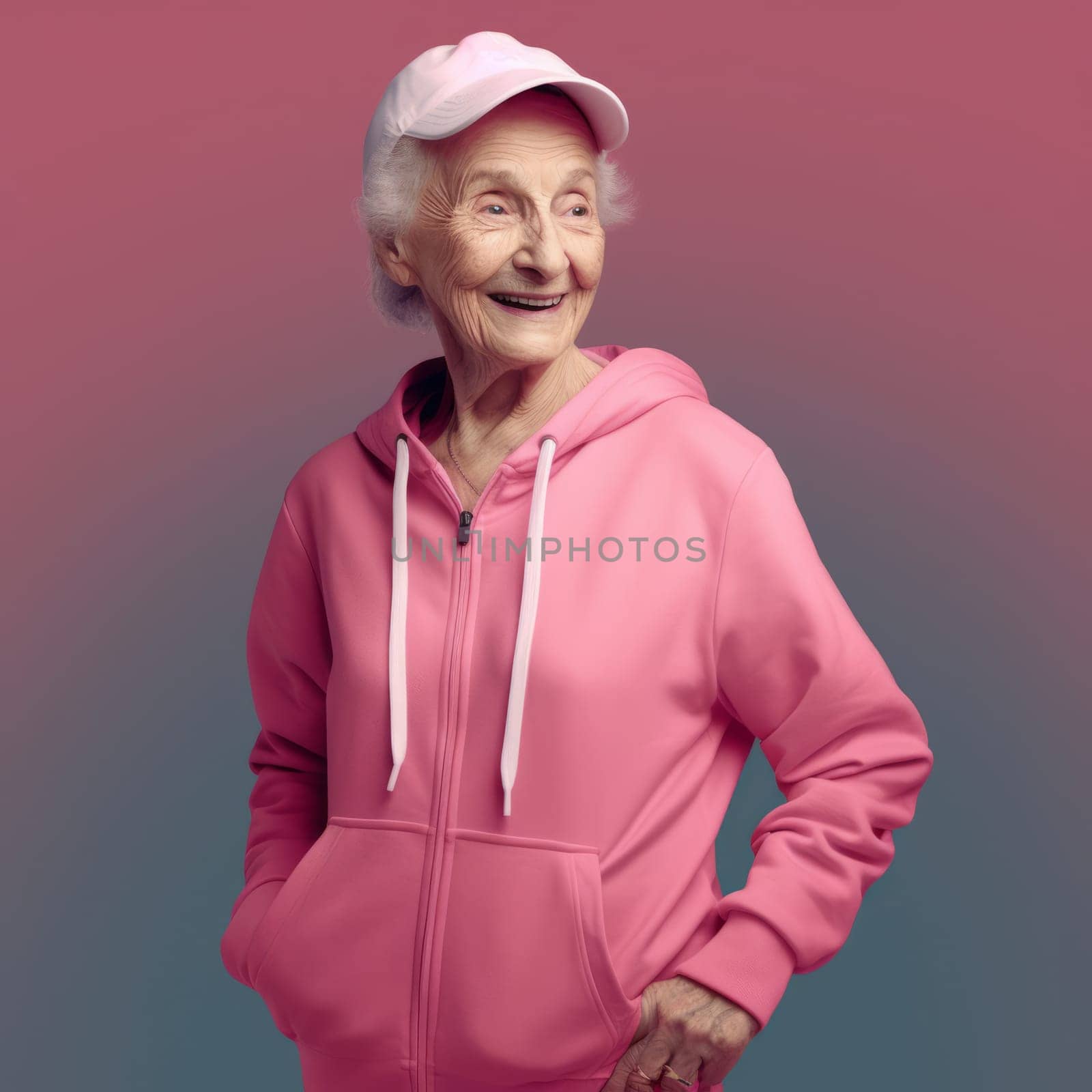 An happy elderly woman in a pink sportswear and cap stands on a pink background, isolated. Close up