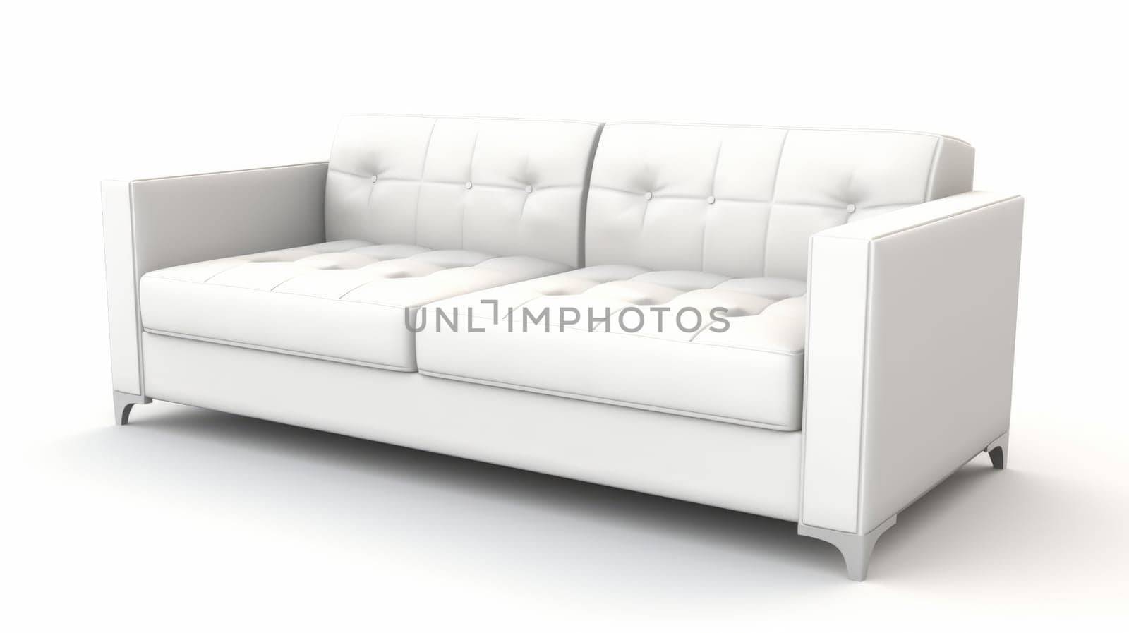 White leather sofa on silver legs isolated on a white background.