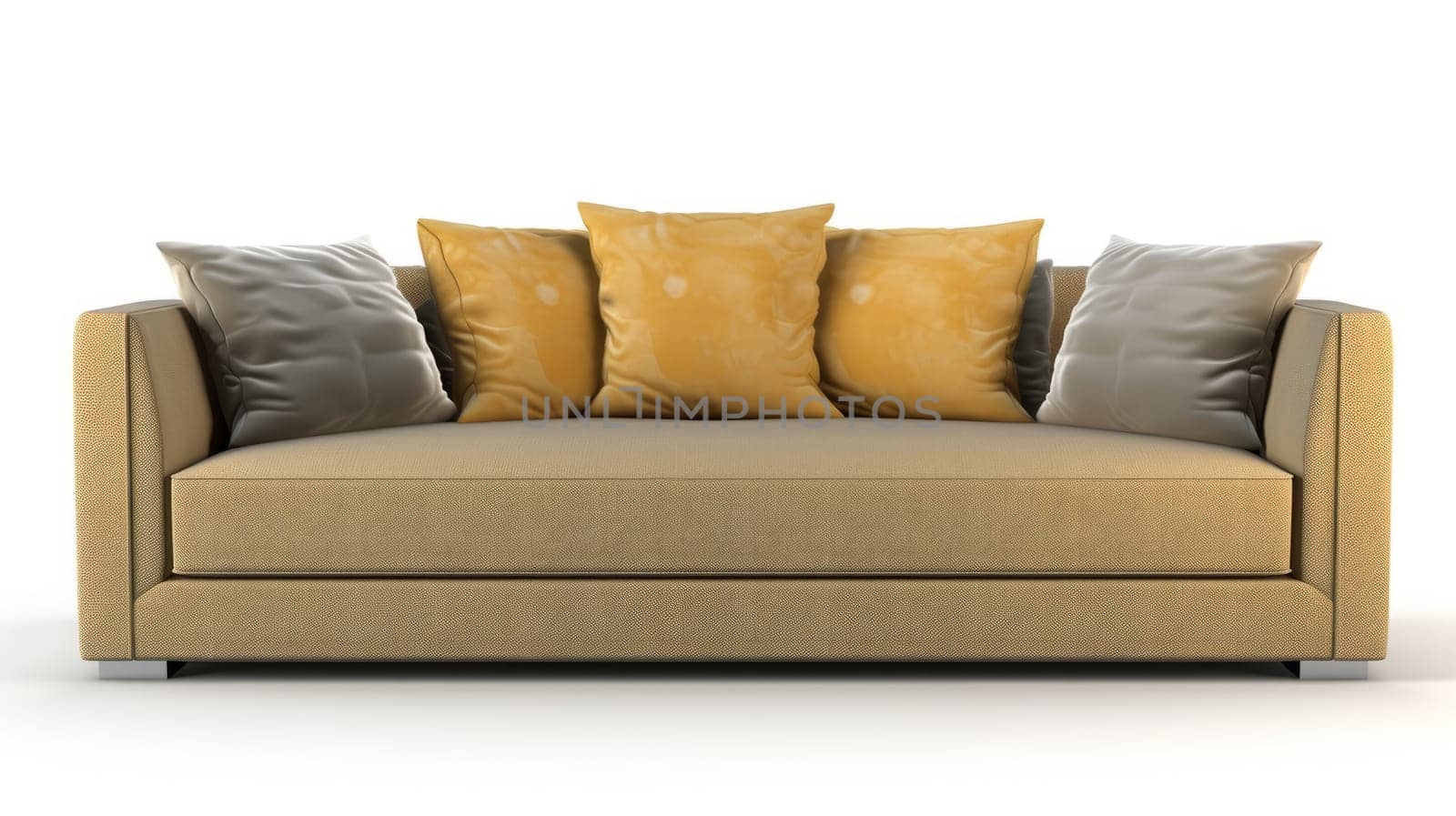 Mustard colored fabric modern sofa with two grey pillows, isolated on a white background, front view.