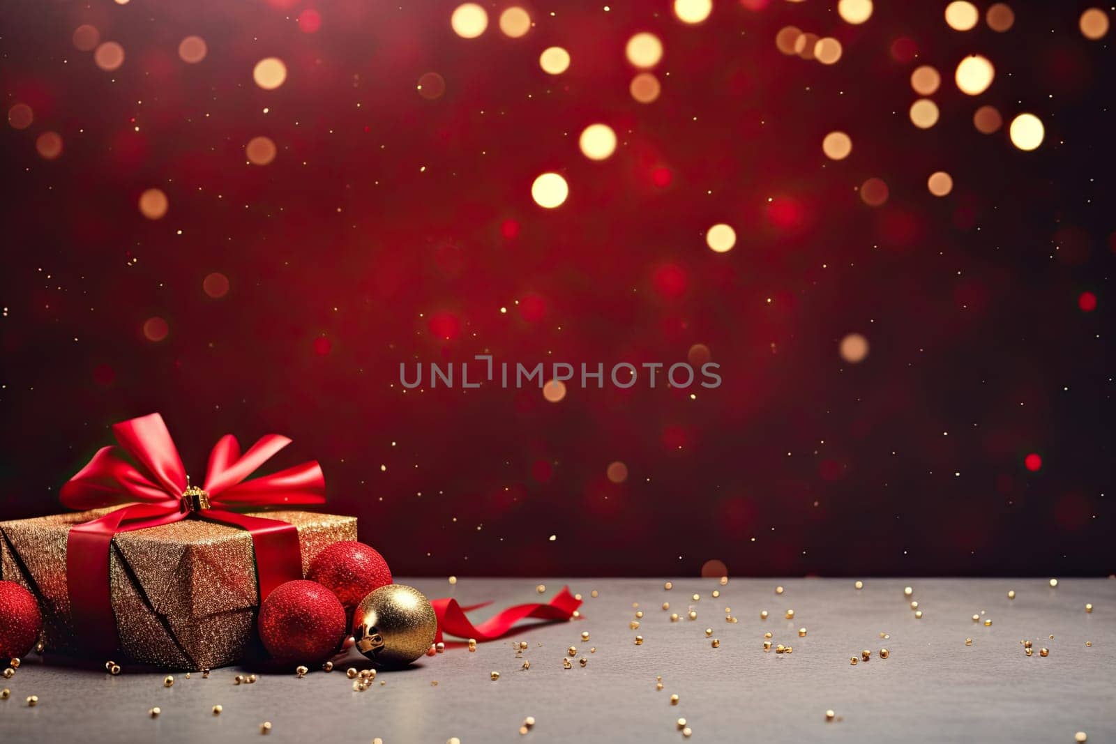 Christmas festivity background with gift box and bright lights. Copy space.