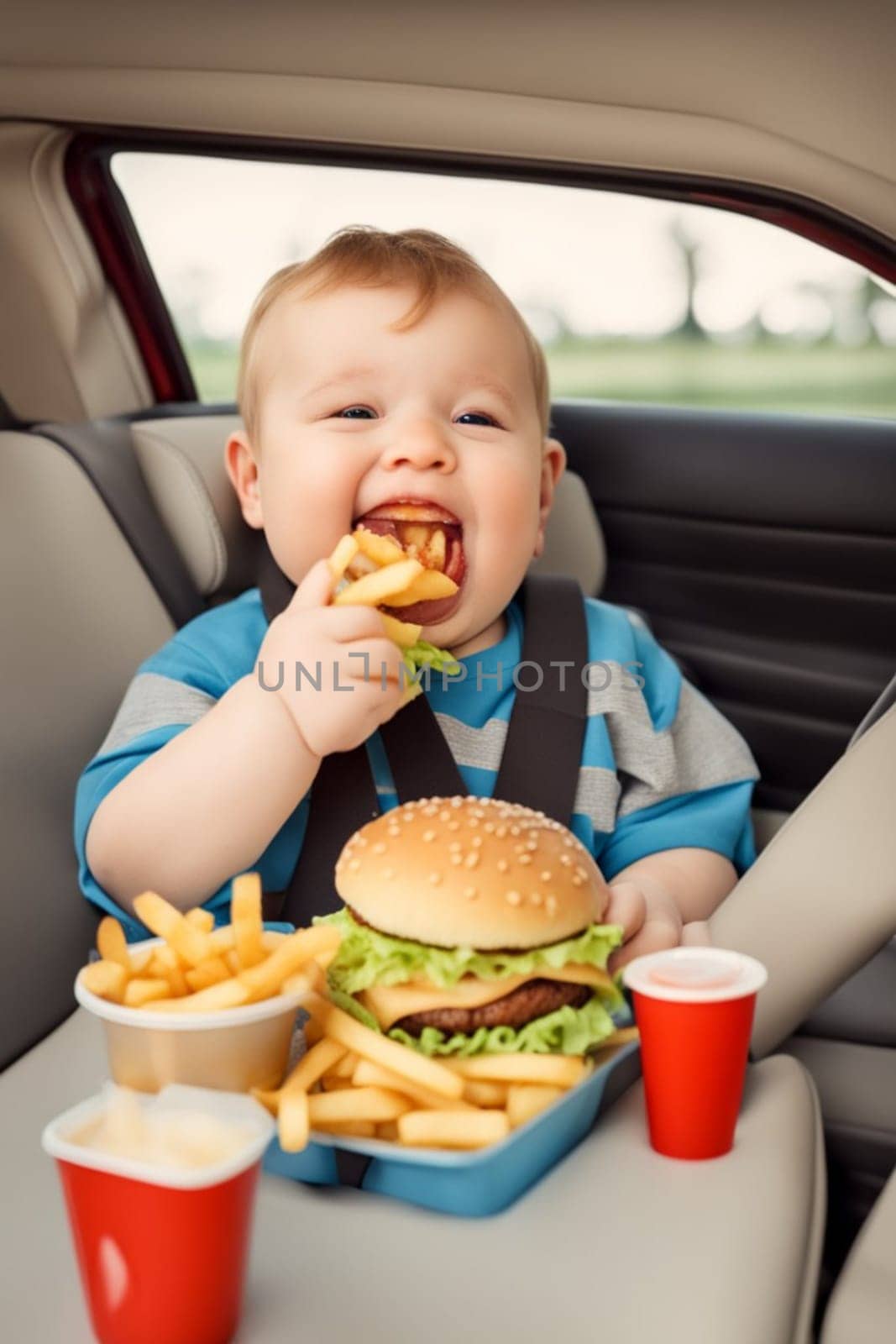 obese boy girl eating fast food , hamburger, french fries - unhealthy eating concept illustration by verbano