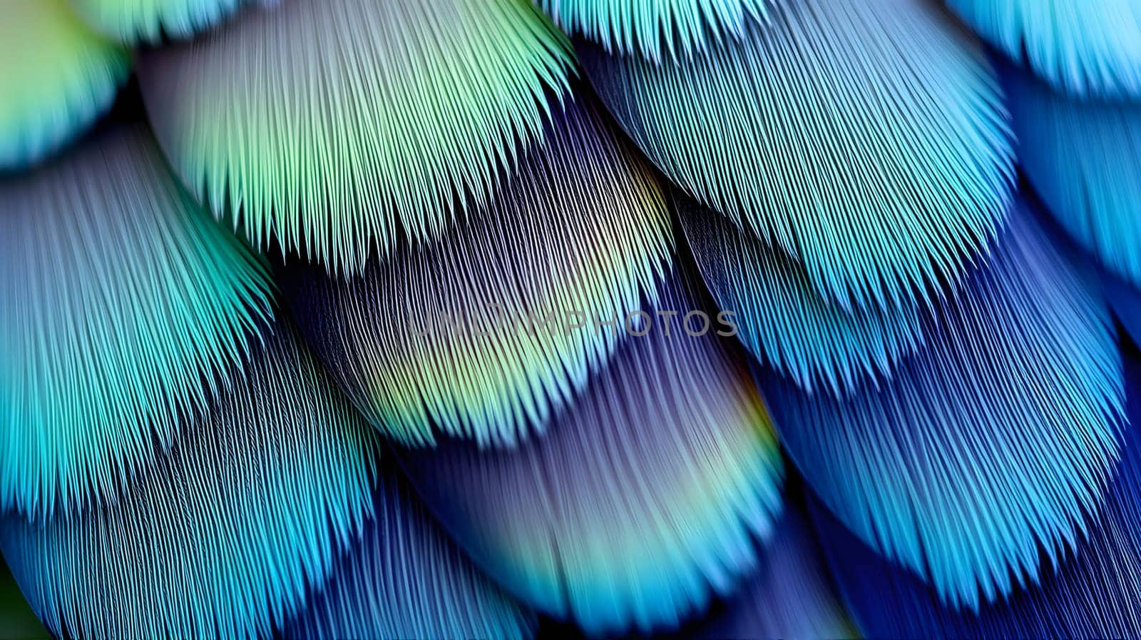 An intricate view reveals the stunning texture of feathers with a blend of iridescent blue and green hues. The delicate filaments create a mesmerizing pattern in natural light.