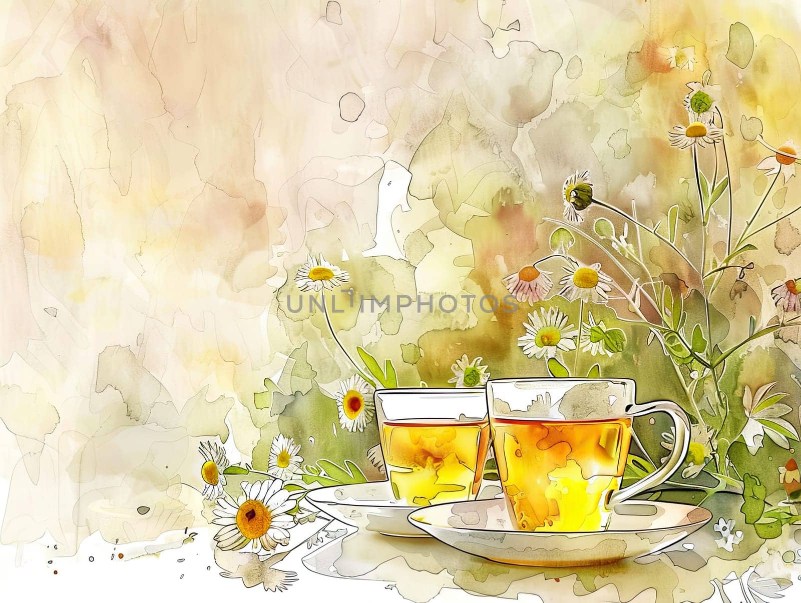 Two warm cups filled with herbal tea sit side by side, accompanied by blooming flowers, creating a serene atmosphere perfect for relaxation.