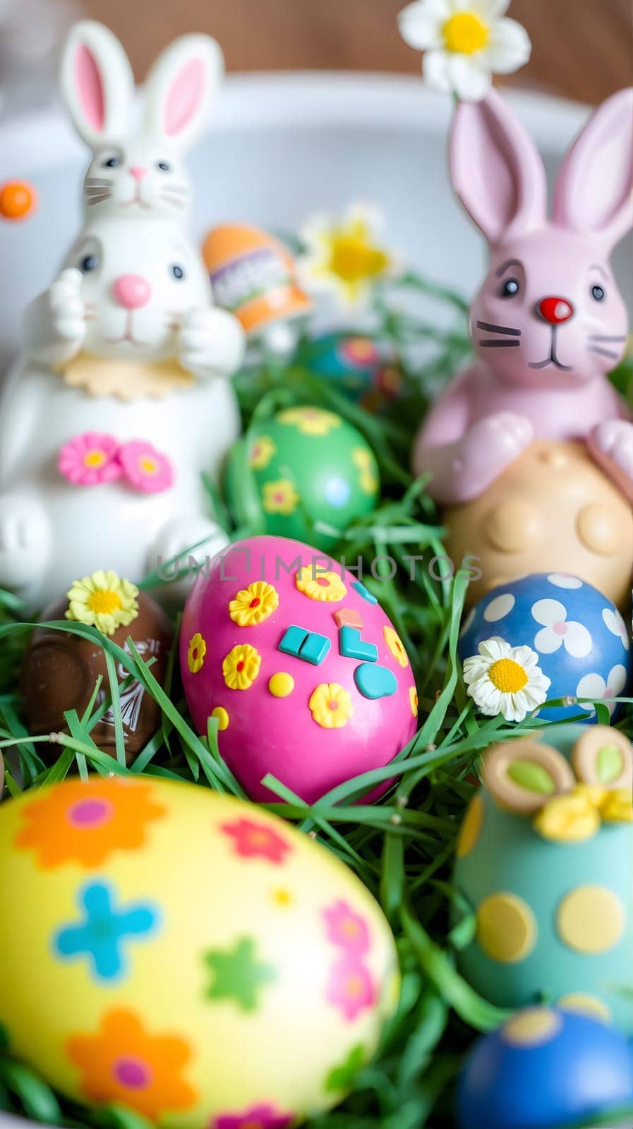 A cheerful arrangement features various decorative Easter eggs and whimsical bunny figures nestled in bright green grass. Spring flowers add to the festive ambiance.