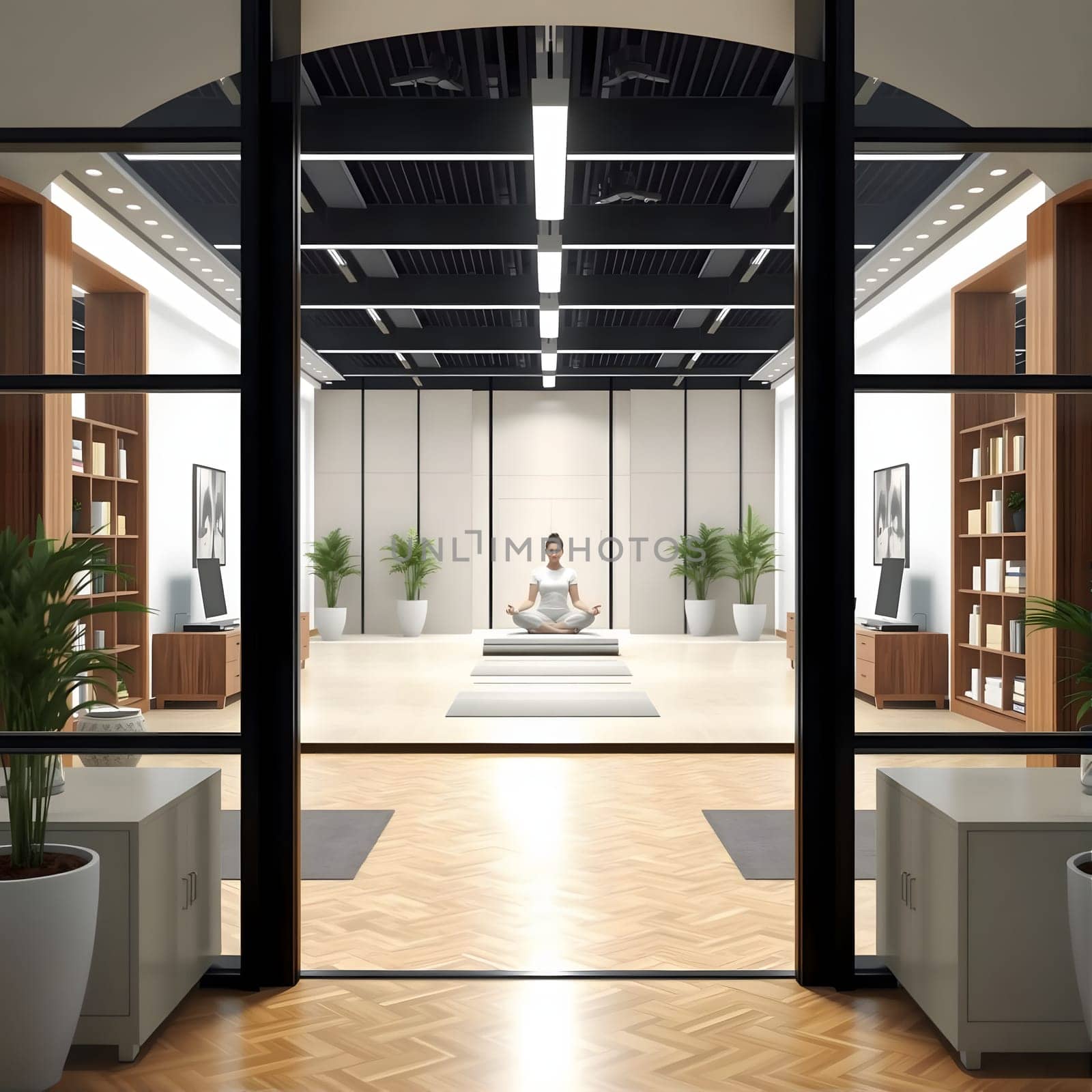 A tranquil wellness studio welcomes visitors with natural light, plants, and a peaceful atmosphere. A figure sits in meditation, promoting mindfulness in a contemporary urban setting.