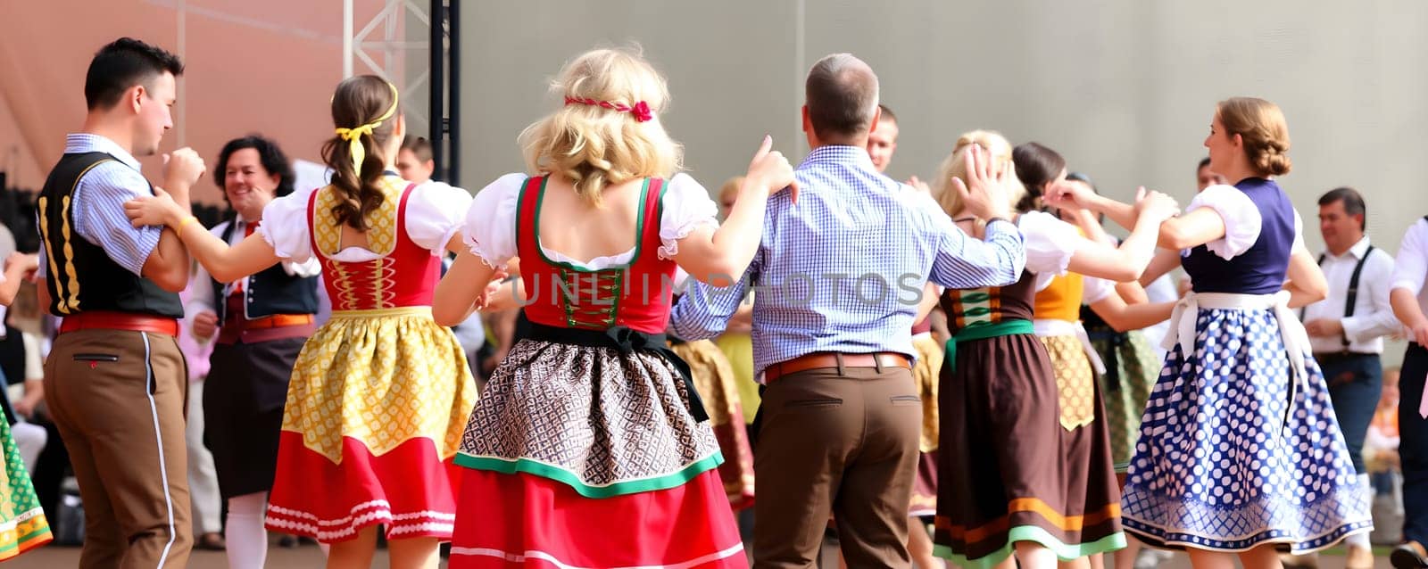 A lively group of dancers, dressed in colorful traditional attire, performs in unison at a cultural festival. The joyful atmosphere highlights the community's rich heritage and traditions.