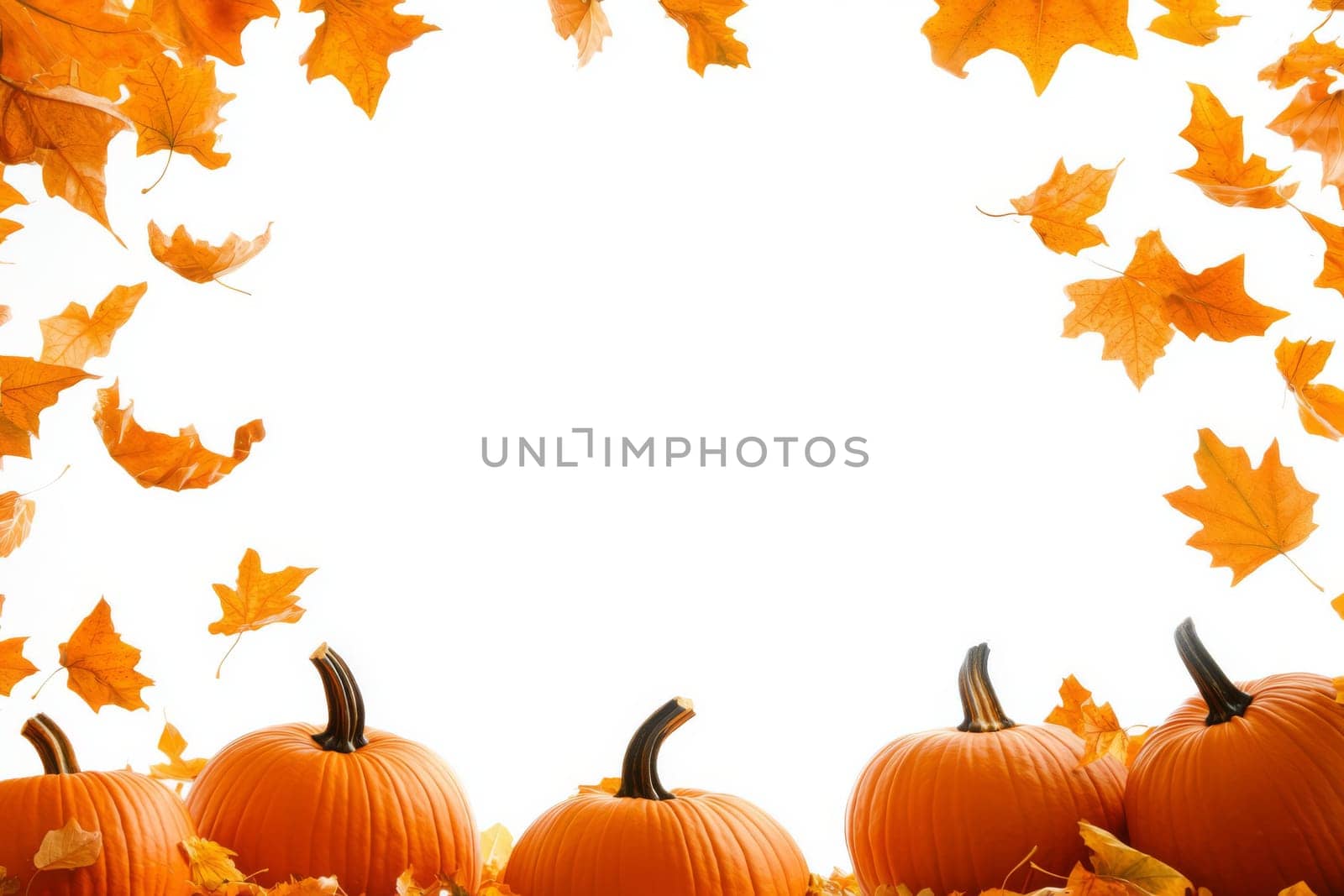 Orange dry leaves and pumpkins on a white background for Halloween