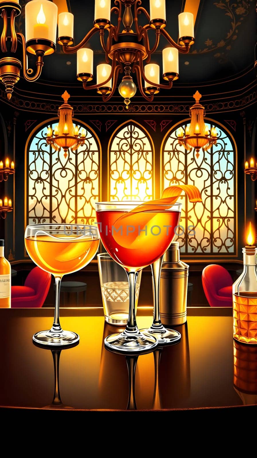Delightful cocktails are served at an elegant bar, showcasing the warm glow of sunset through intricate stained glass windows, creating a cozy, inviting atmosphere for relaxation.