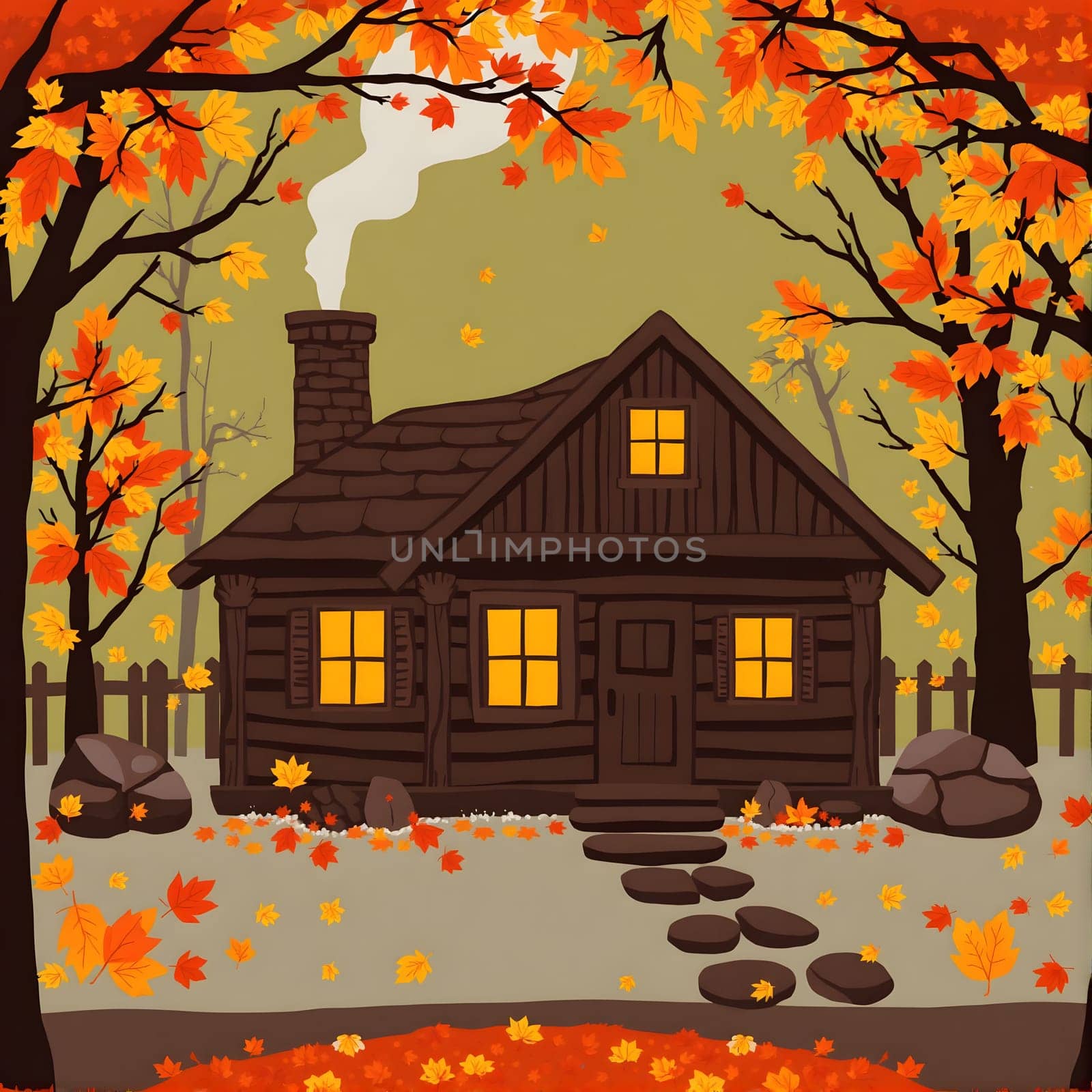 A rustic wooden cabin nestled among colorful autumn leaves glows warmly from its windows. The surrounding trees showcase brilliant yellow and orange foliage, creating a peaceful rural scene.