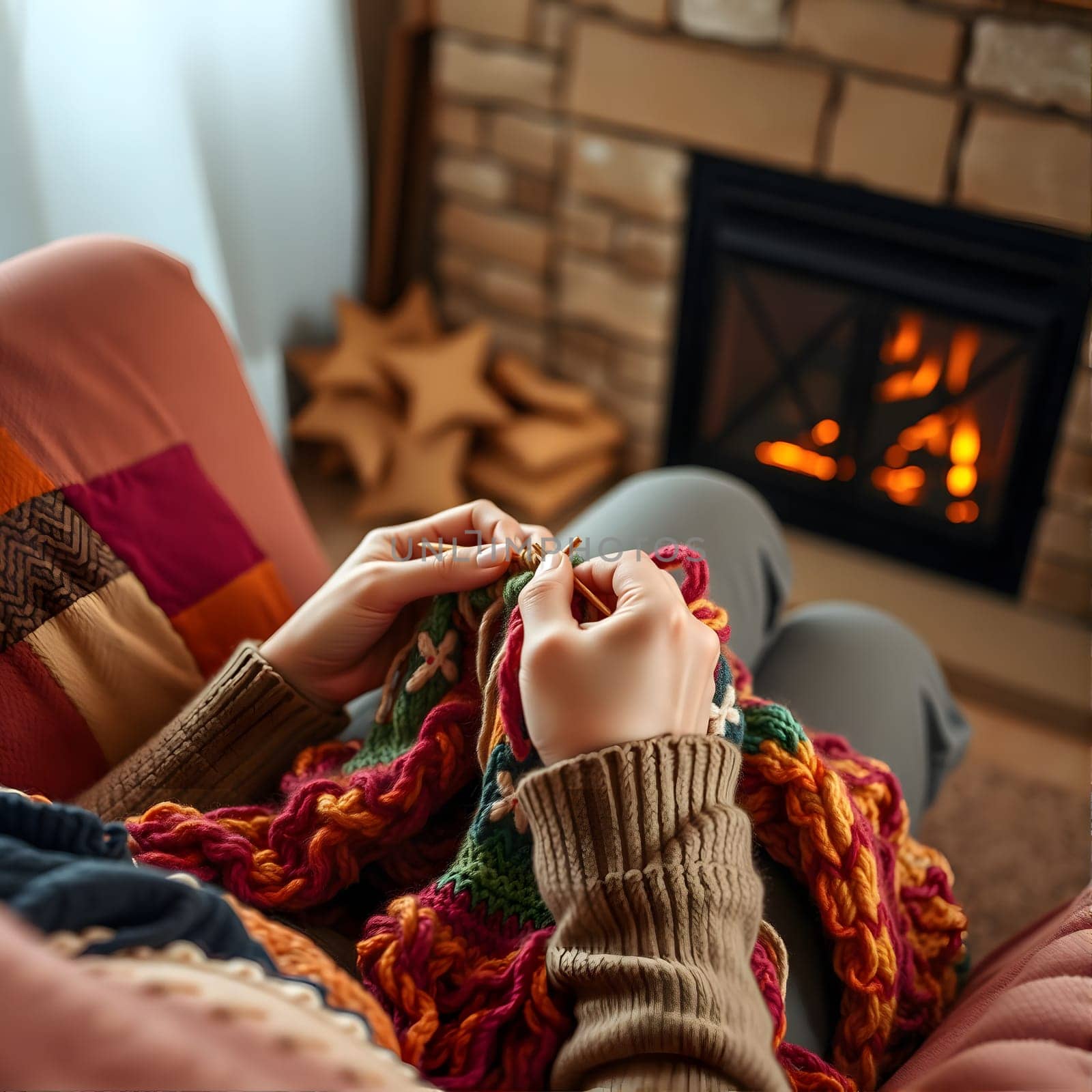 A person is sitting comfortably in an armchair, knitting a colorful wool project while enjoying the warmth of a glowing fireplace. The ambiance feels inviting and relaxing.