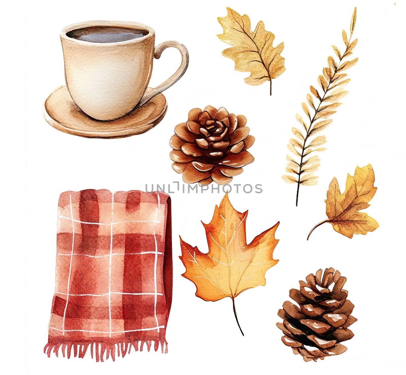 A warm autumn arrangement showcases a pink scarf, an orange pumpkin, a steaming coffee cup, scattered colorful leaves, and a pinecone, evoking a cozy seasonal vibe.