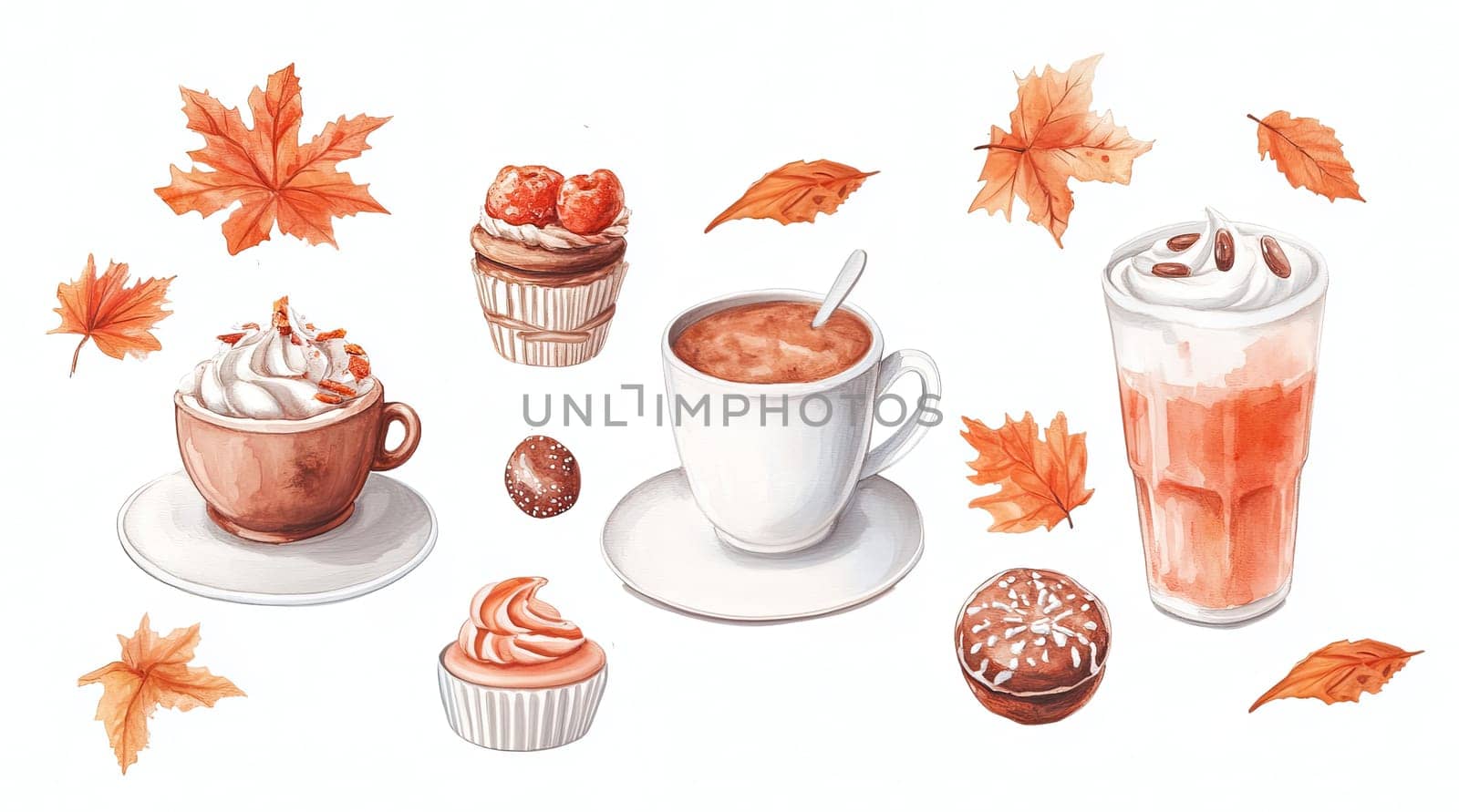 The artwork showcases a collection of autumn-inspired beverages and desserts, including mugs of hot chocolate, cupcakes, and colorful leaves, evoking a cozy fall atmosphere.