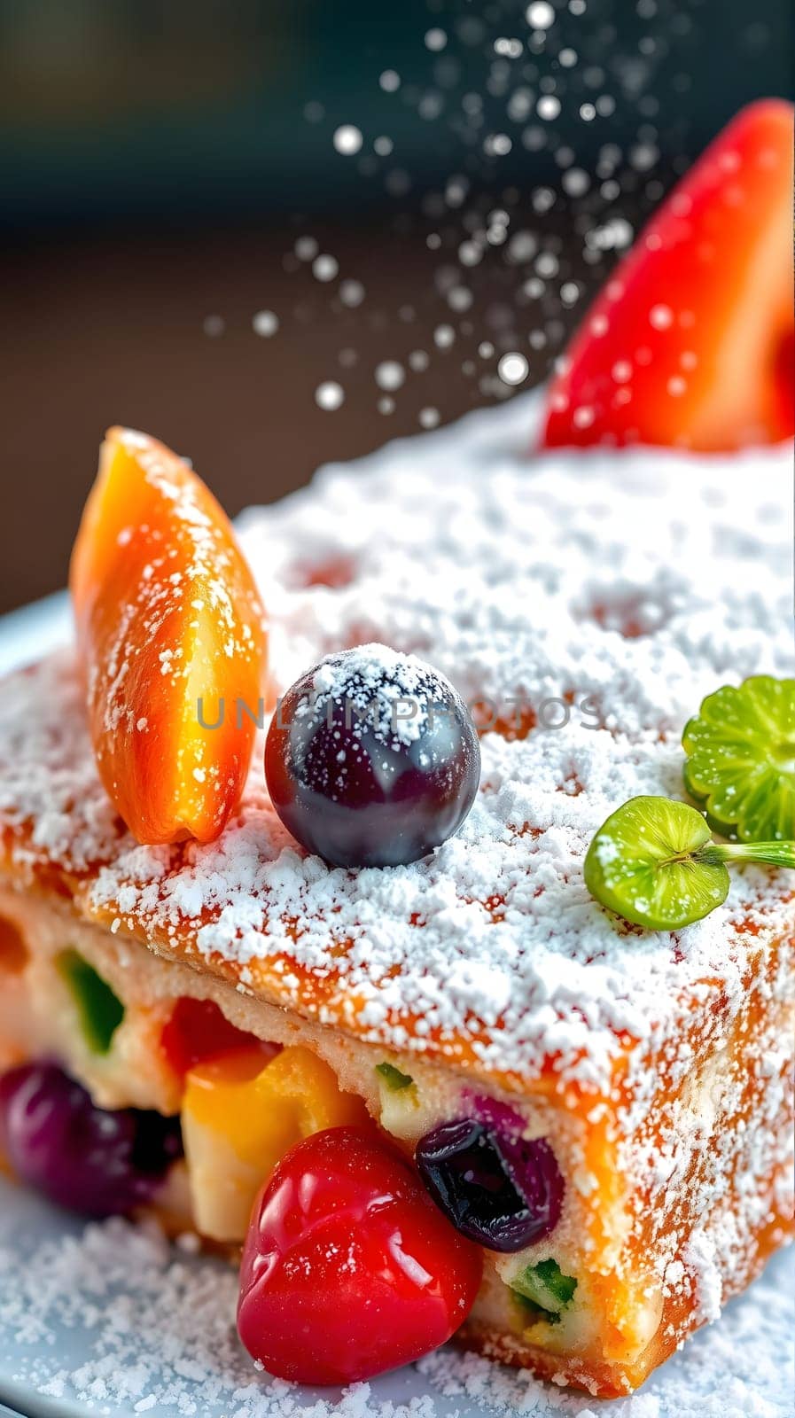 A vibrant fruit cake is adorned with a dusting of powdered sugar, surrounded by fresh strawberries, blueberries, and mint leaves. This delightful dessert is perfect for any celebration.
