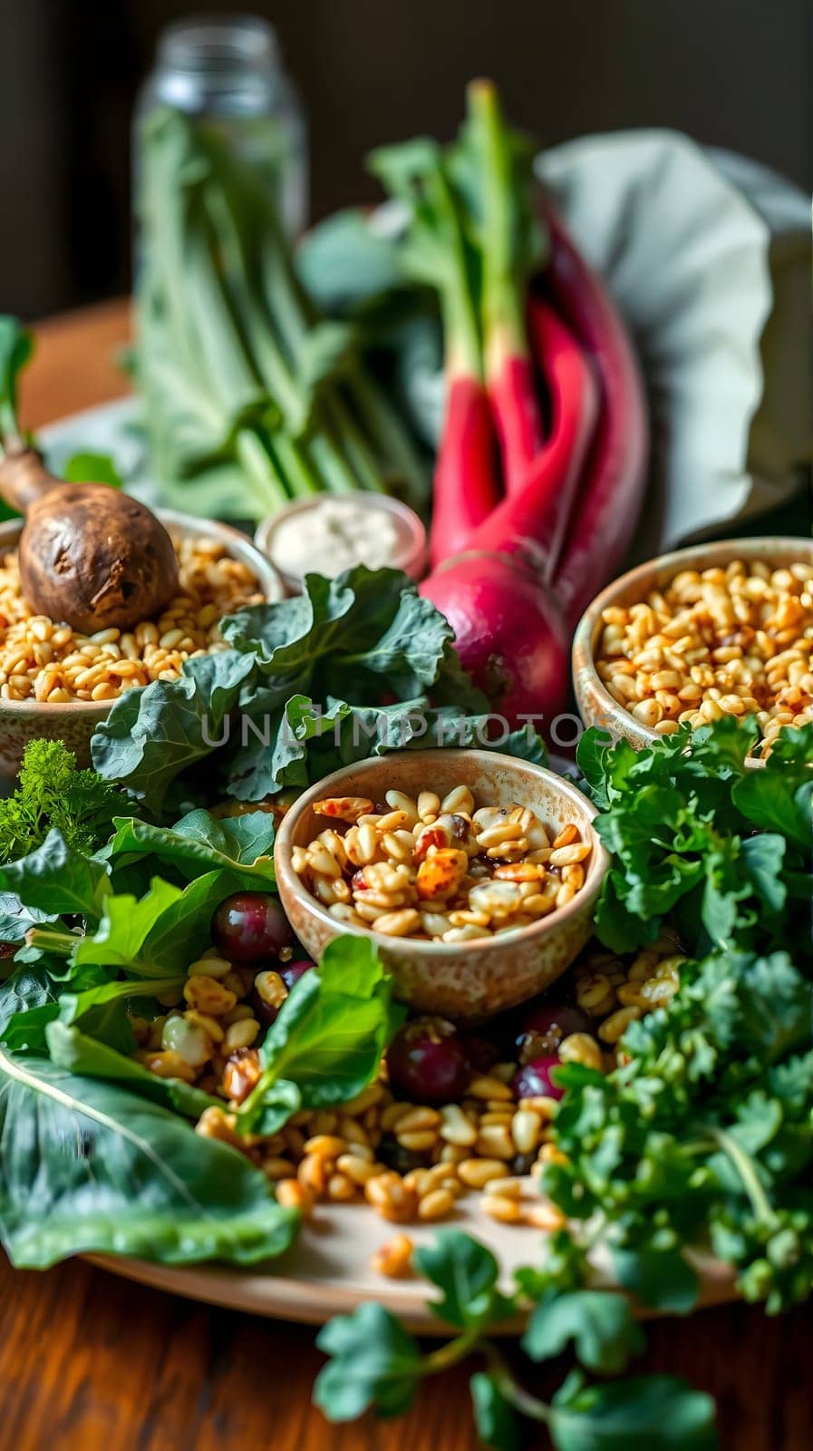 A vibrant assortment of fresh vegetables and grains is beautifully arranged on a rustic wooden table