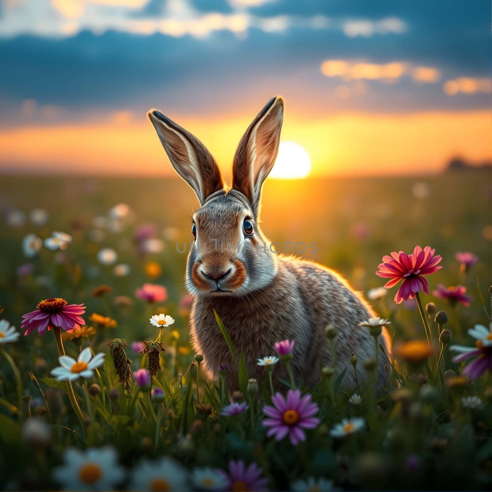 A rabbit stands amidst a colorful field of flowers, basking in the warm glow of the setting sun. The scene captures the beauty of nature in the evening light.