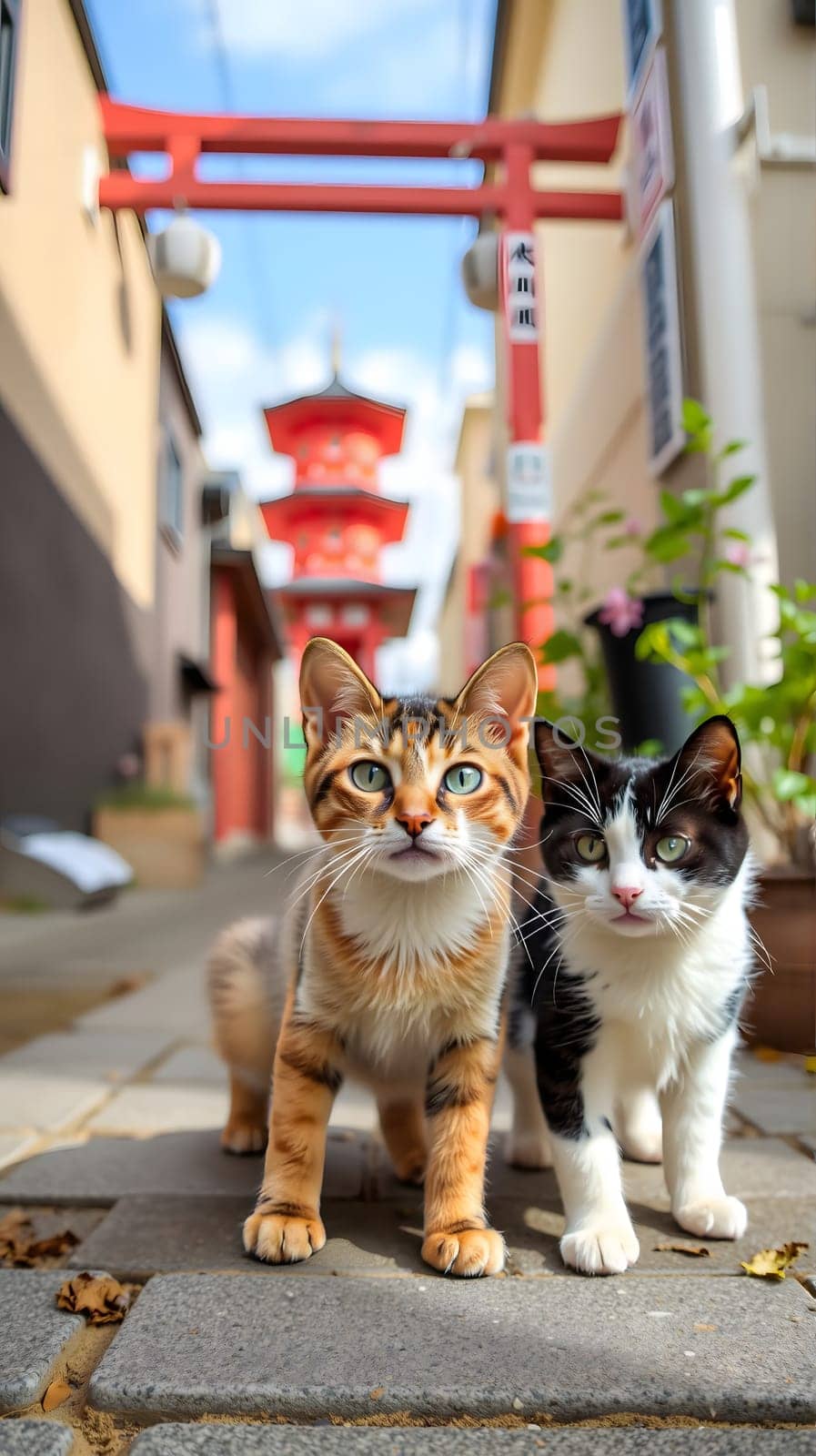Two curious cats, one striped and one black and white, explore a quaint alleyway lined with buildings and a traditional shrine in the background under a clear blue sky.