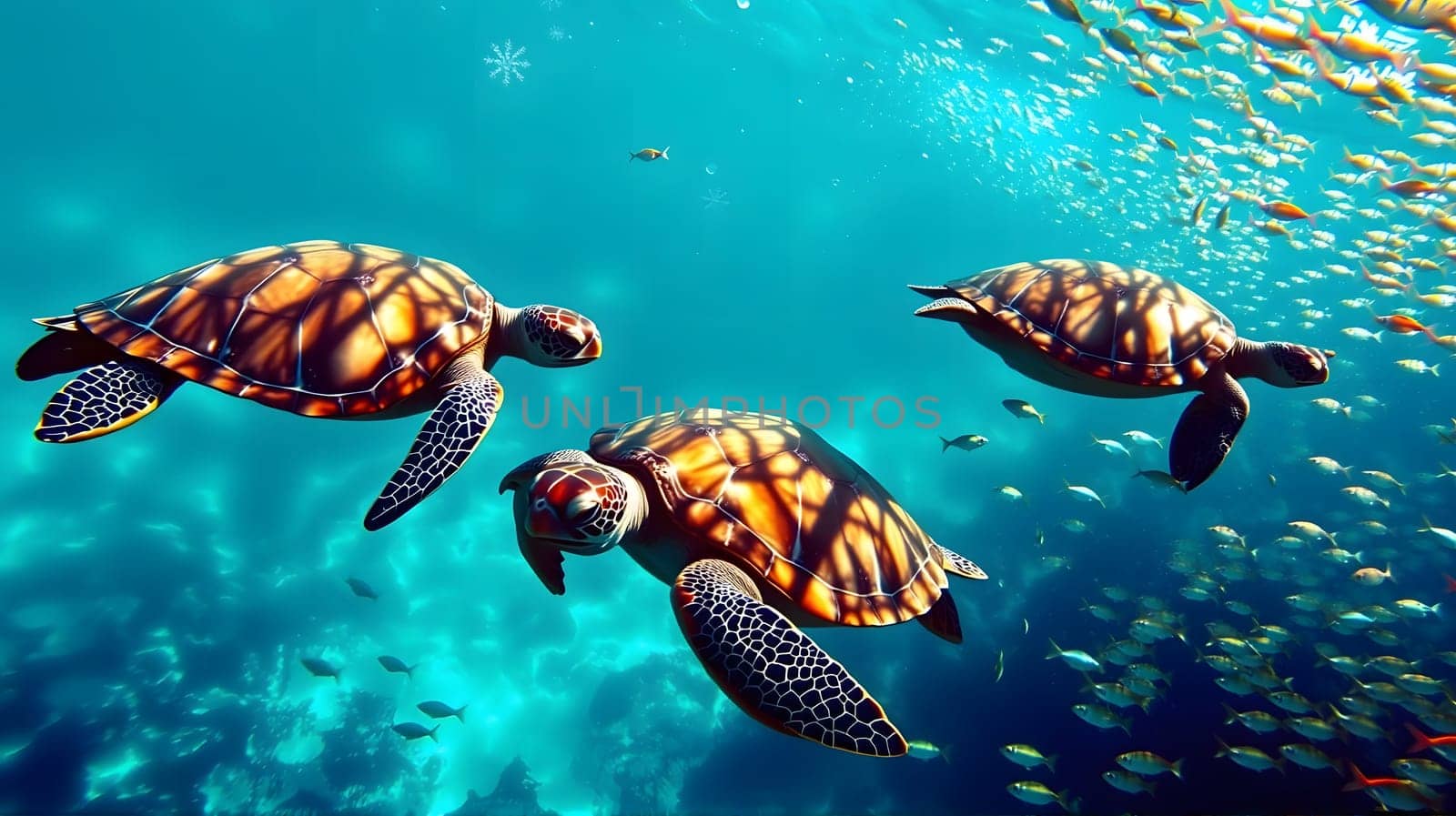 Three vibrant sea turtles are swimming in clear blue waters, surrounded by schools of fish and shining sunlight filtering through the surface, creating a beautiful underwater scene.