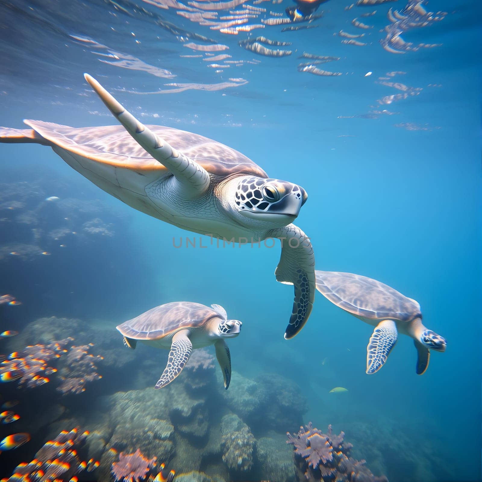 A trio of sea turtles glides effortlessly through vibrant coral reefs in crystal-clear waters, showcasing their graceful movements and natural beauty in a serene underwater environment.