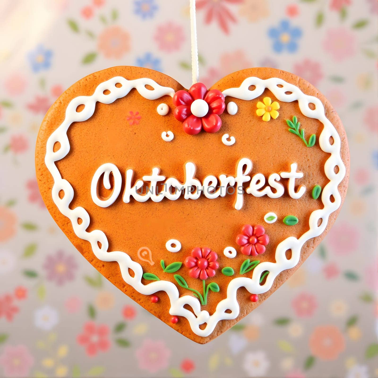 A heart-shaped cookie celebrating Oktoberfest features vibrant floral decorations and cheerful colors. It hangs against a soft, patterned background, radiating festive charm and sweetness.