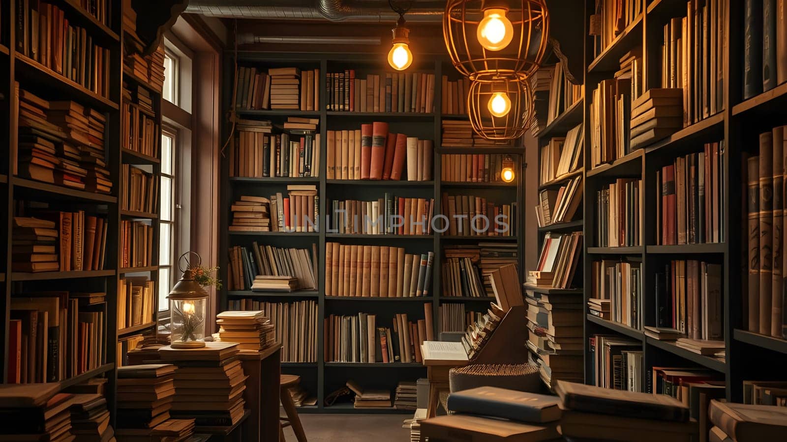 Warm light illuminates a vintage library filled with shelves of old books. A cozy atmosphere invites readers to explore the vast collection tucked into every corner.