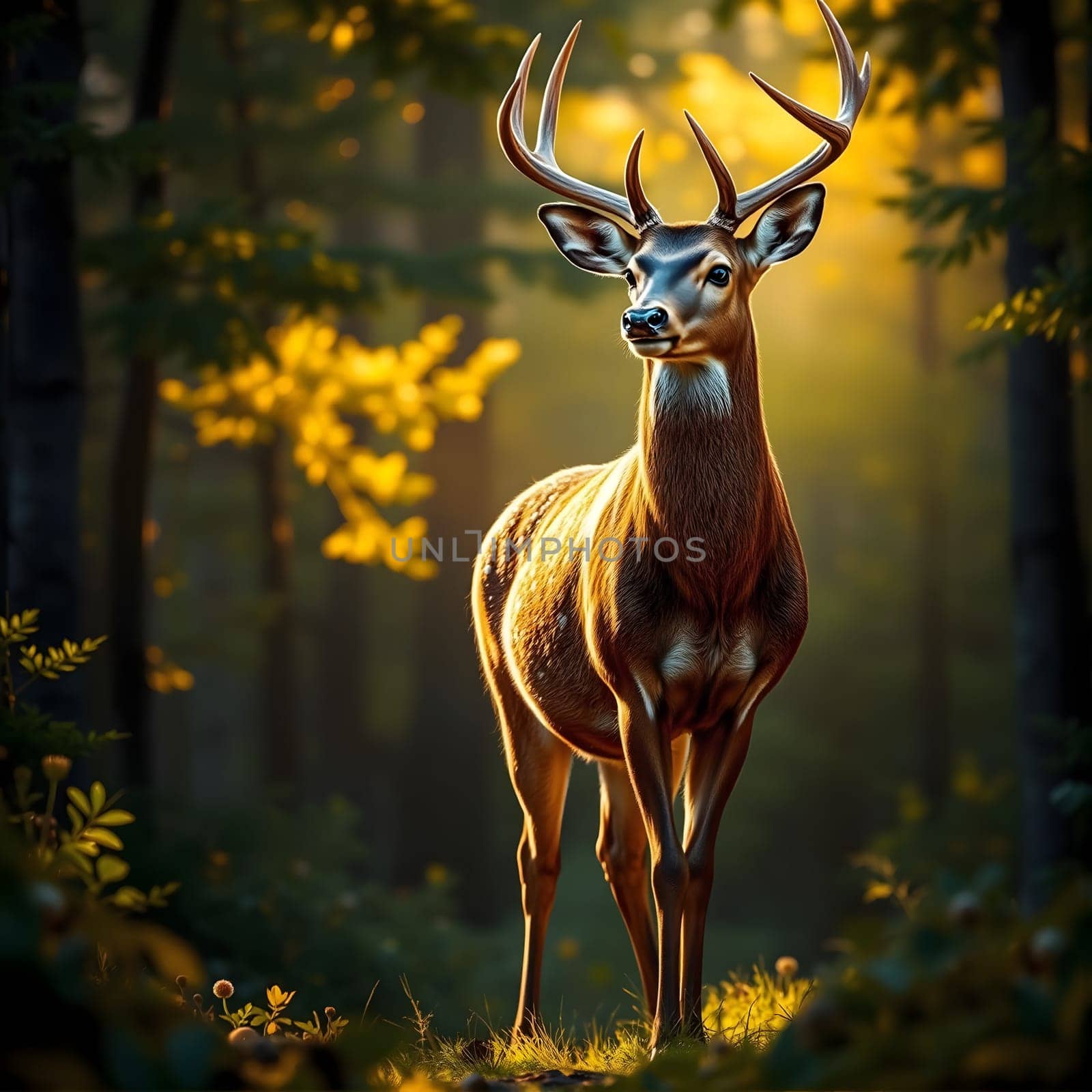 A proud deer with antlers stands in a sunlit forest, surrounded by golden autumn foliage. The warm light creates a serene atmosphere, highlighting the beauty of nature.