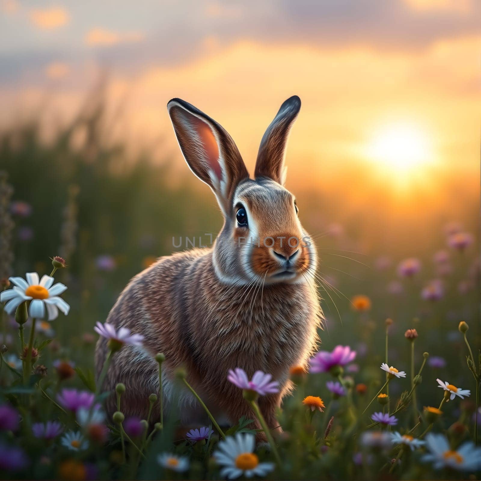 A rabbit stands amidst colorful wildflowers in a lush field as the sun sets, casting a warm glow over the scene and highlighting the tranquil atmosphere of nature.