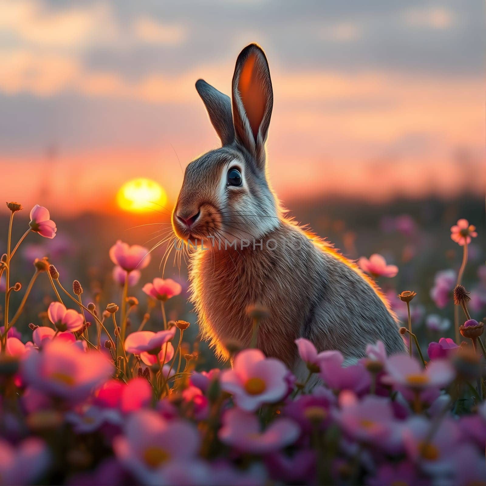 A serene rabbit sits gracefully among blooming flowers as the sun sets, casting a warm glow over the meadow. The scene captures a peaceful moment in nature.