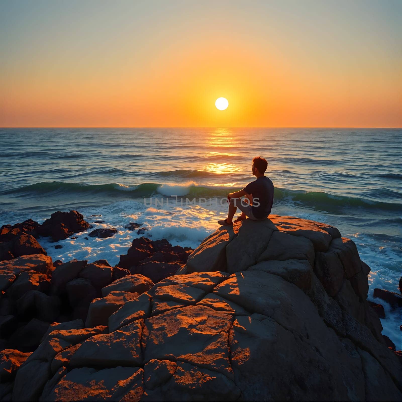 A person sits on large rocks overlooking the ocean as the sun sets on the horizon, casting warm colors across the sky and waves. The tranquil atmosphere invites reflection and peace.