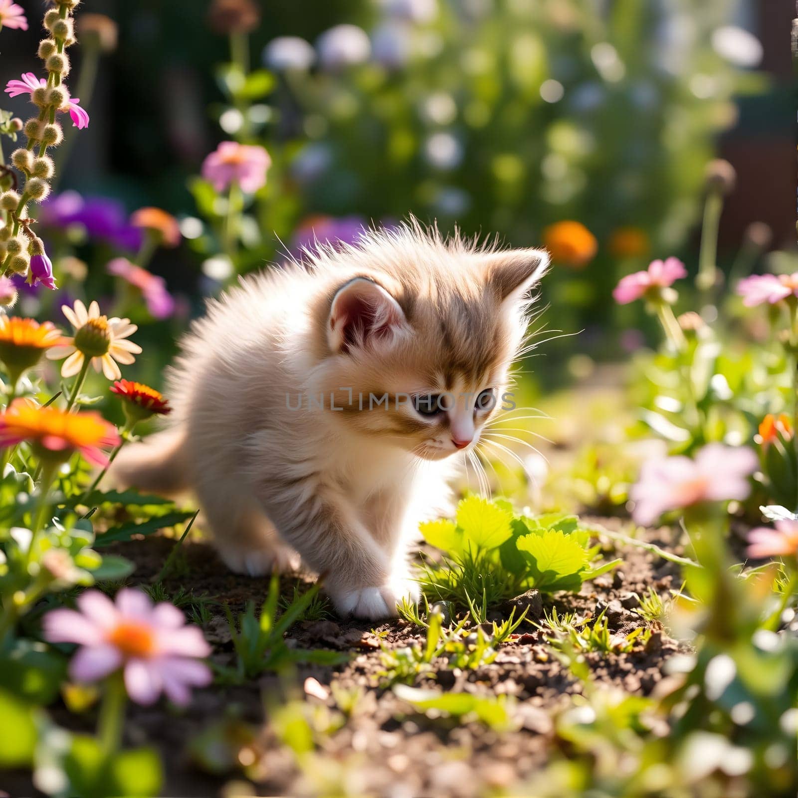 A playful kitten wanders through a colorful flower garden, curiously inspecting the blooms and greenery under the warm sunlight. The scene captures the joy of nature and discovery.