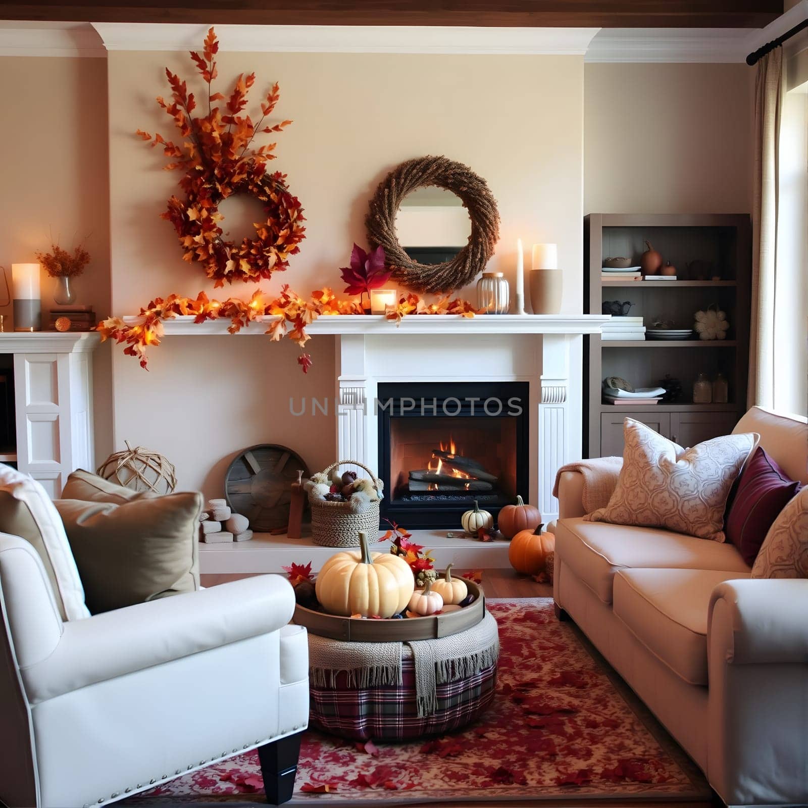 This inviting living room features a warm fireplace adorned with autumn leaves and pumpkins, creating a perfect setting for fall gatherings and relaxation during the changing season.